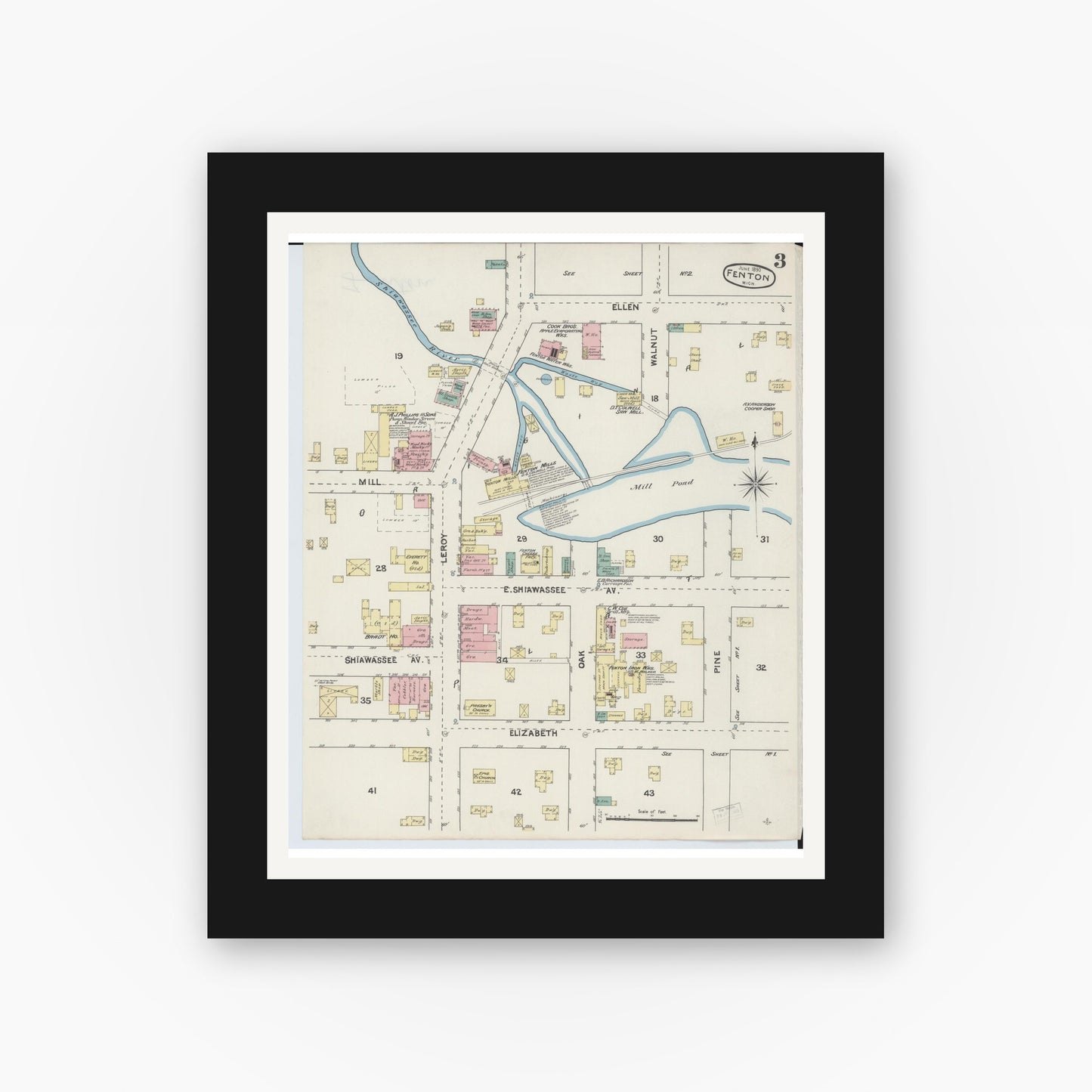 Old map wall art mockup — black gallery frame with white mat — Sanborn Fire Insurance Map from Fenton, Genesee County, Michigan (1890), Sheet #0003
