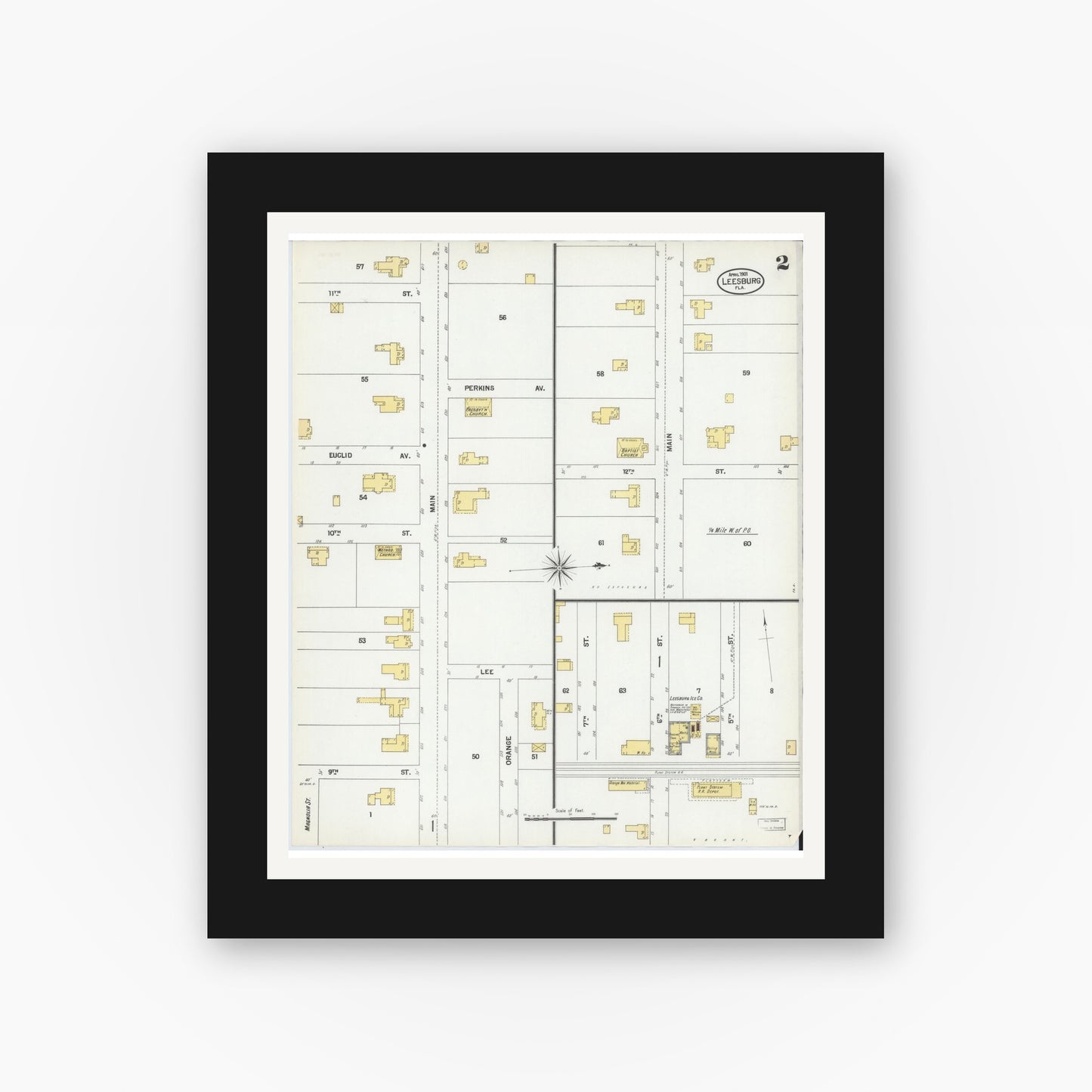 Old map wall art mockup — black gallery frame with white mat — Sanborn Fire Insurance Map from Leesburg, Lake County, Florida (1901), Sheet #0002