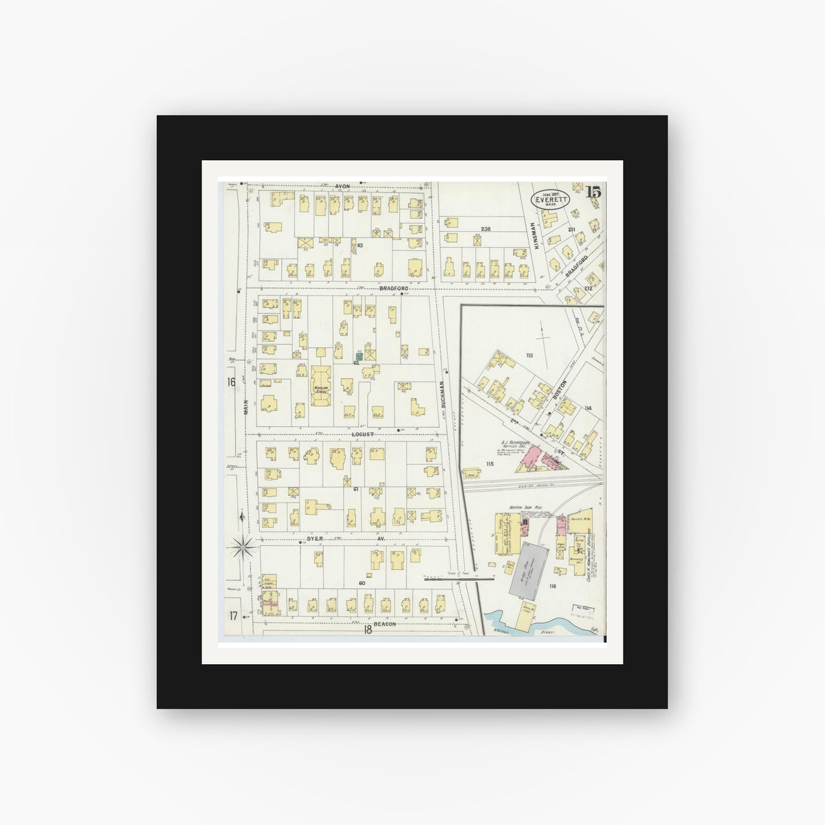 Old map wall art mockup — black gallery frame with white mat — Sanborn Fire Insurance Map from Everett, Middlesex County, Massachusetts (1897), Sheet #0015