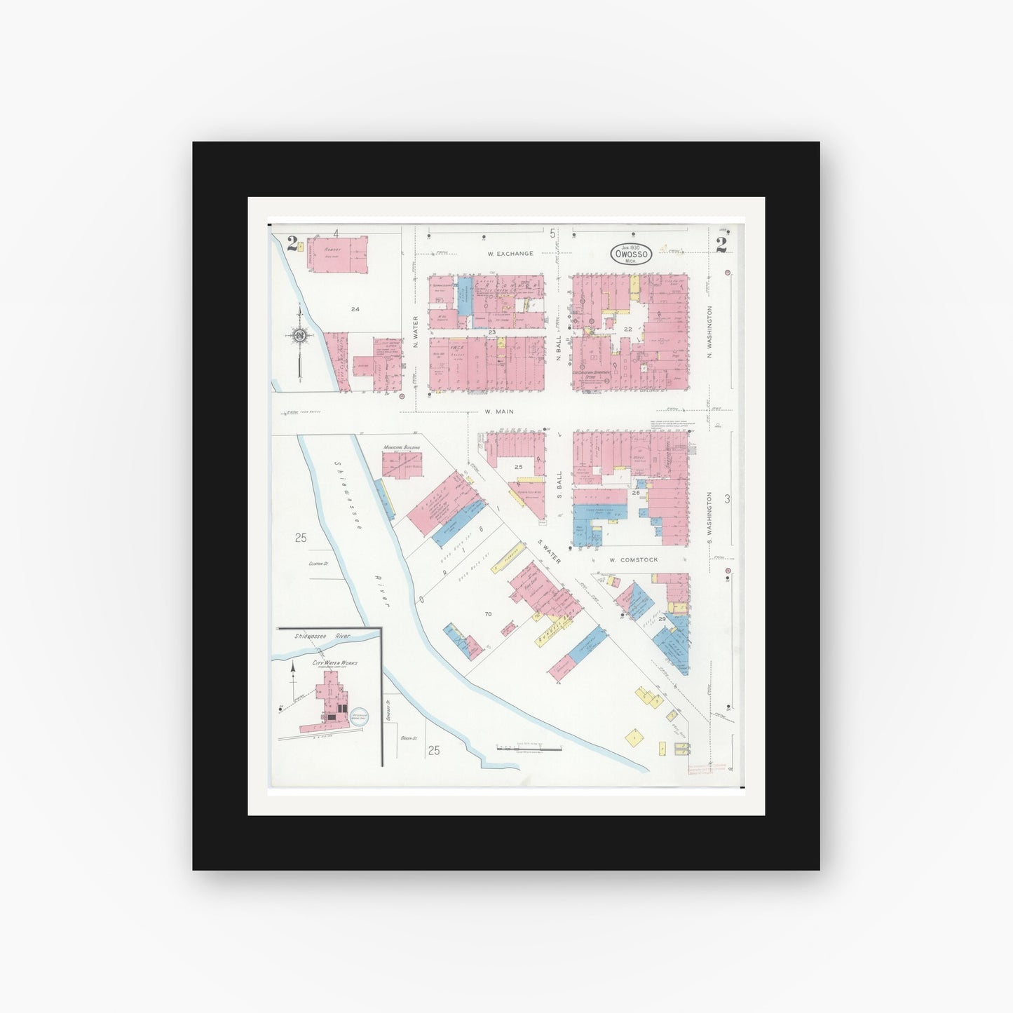 Old map wall art mockup — black gallery frame with white mat — Sanborn Fire Insurance Map from Owosso, Shiawassee County, Michigan (1930), Sheet #0002