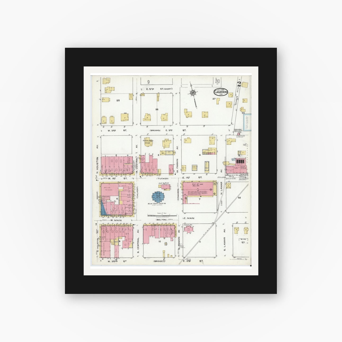 Old map wall art mockup — black gallery frame with white mat — Sanborn Fire Insurance Map from Cameron, Milam County, Texas (1920), Sheet #0002