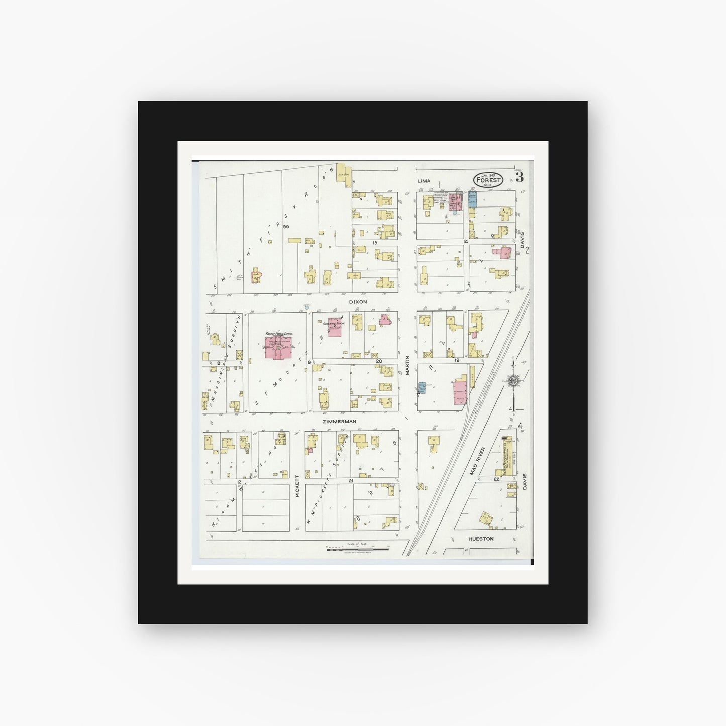 Old map wall art mockup — black gallery frame with white mat — Sanborn Fire Insurance Map from Forest, Hardin County, Ohio (1921), Sheet #0003