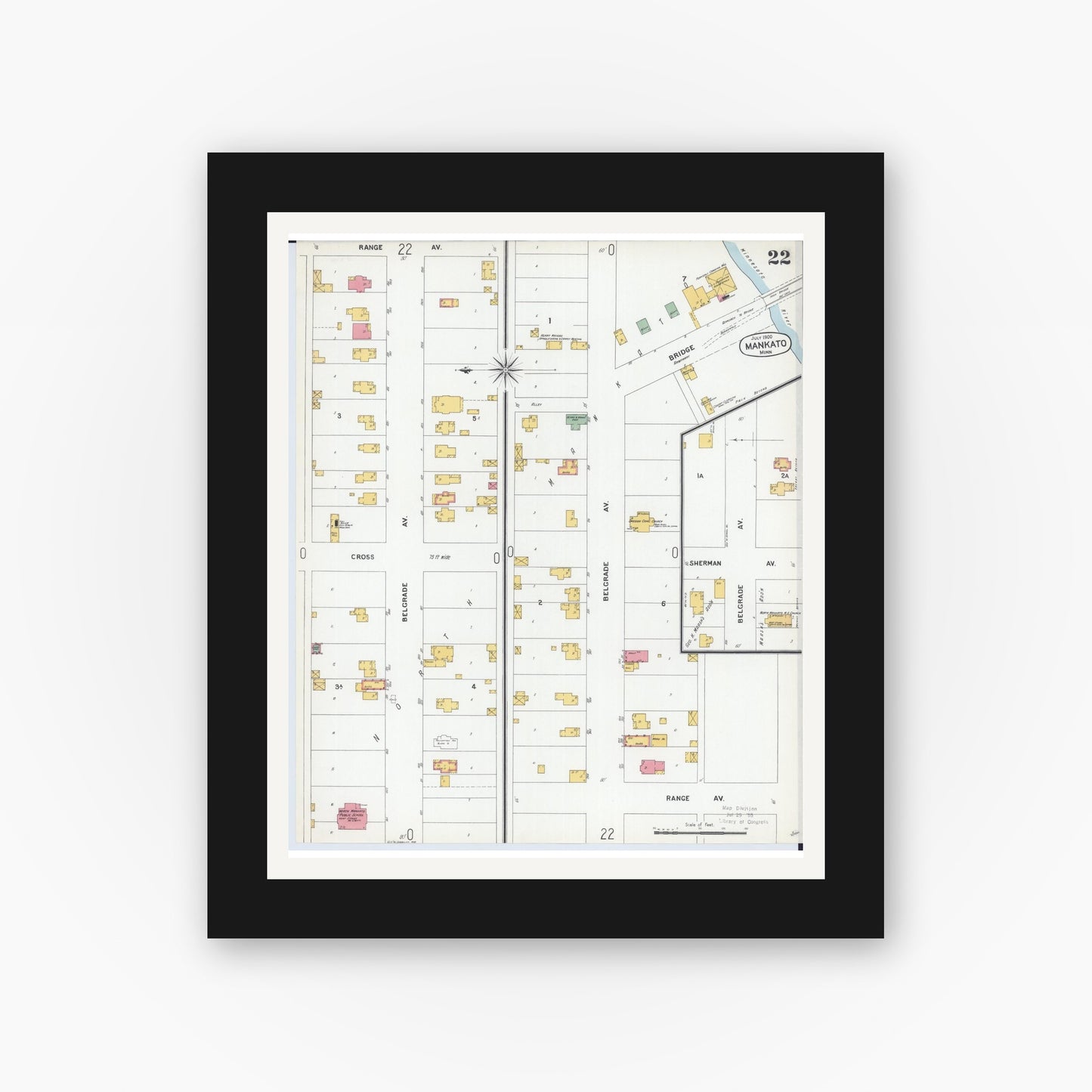 Old map wall art mockup — black gallery frame with white mat — Sanborn Fire Insurance Map from Mankato, Blue Earth County, Minnesota (1900), Sheet #0022