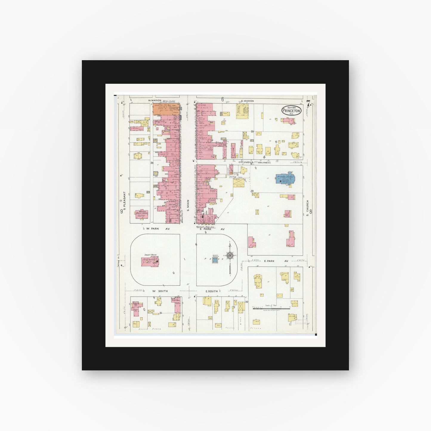 Old map wall art mockup — black gallery frame with white mat — Sanborn Fire Insurance Map from Princeton, Bureau County, Illinois (1918), Sheet #0007