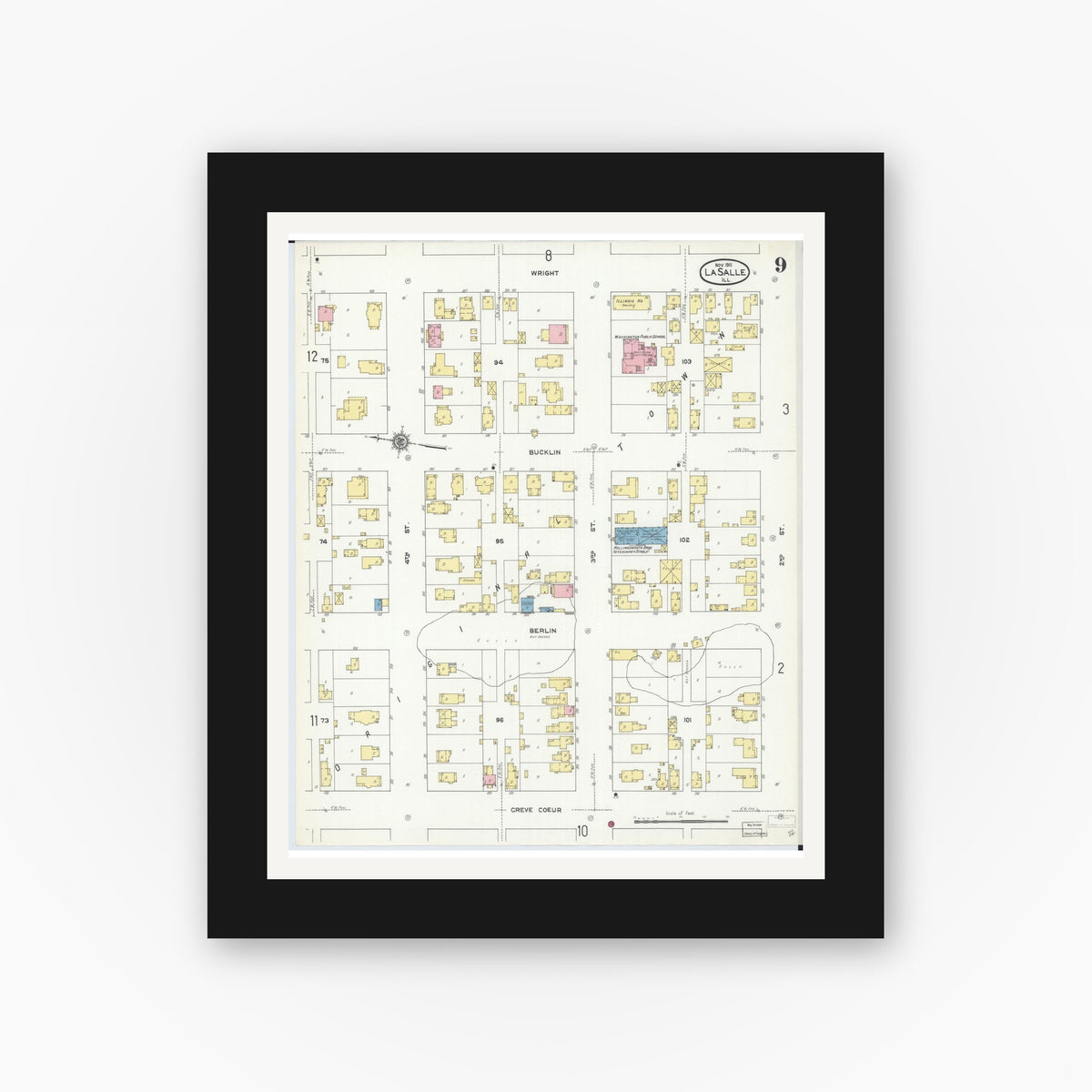 Old map wall art mockup — black gallery frame with white mat — Sanborn Fire Insurance Map from La Salle, La Salle County, Illinois (1911), Sheet #0009