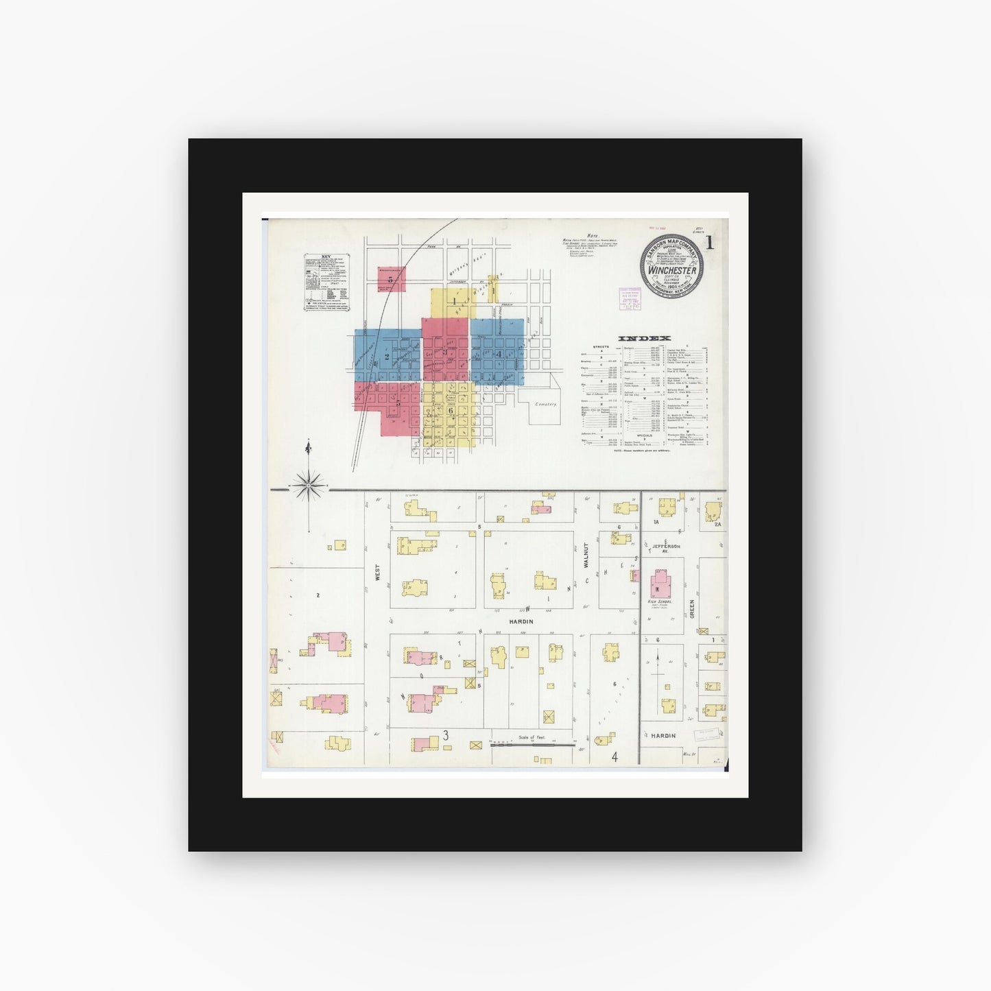 Old map wall art mockup — black gallery frame with white mat — Sanborn Fire Insurance Map from Winchester, Scott County, Illinois (1906), Sheet #0001