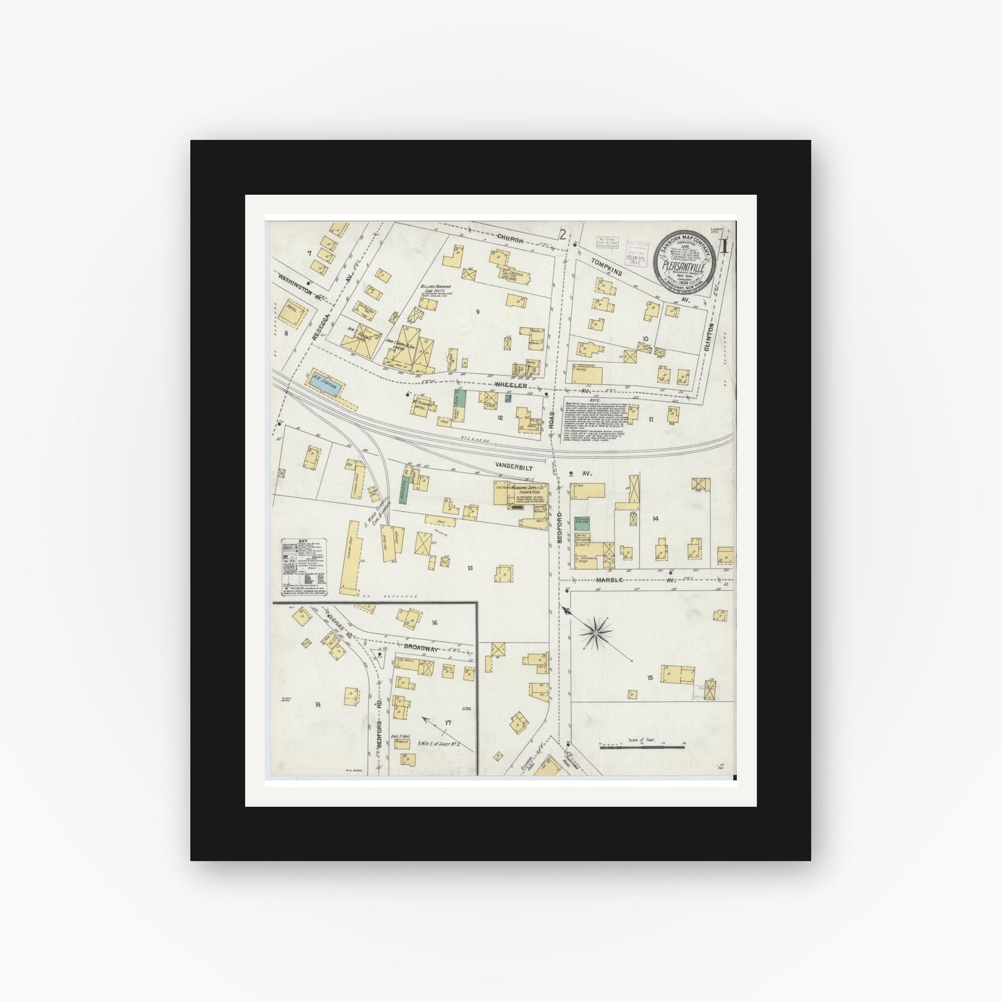 Old map wall art mockup — black gallery frame with white mat — Sanborn Fire Insurance Map from Pleasantville, Westchester County, New York (1904) - Complete Map Set