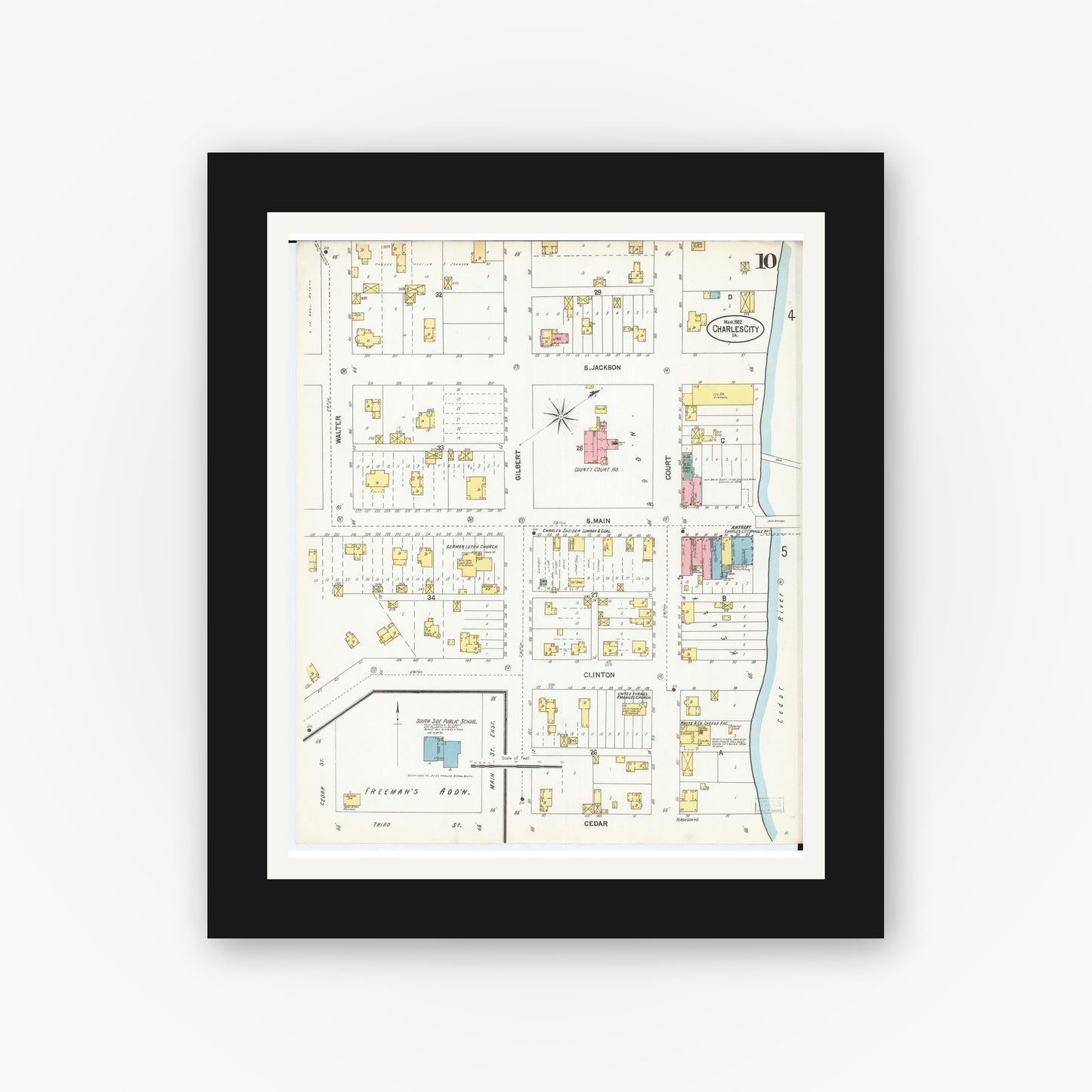 Old map wall art mockup — black gallery frame with white mat — Sanborn Fire Insurance Map from Charles City, Floyd County, Iowa (1902), Sheet #0010