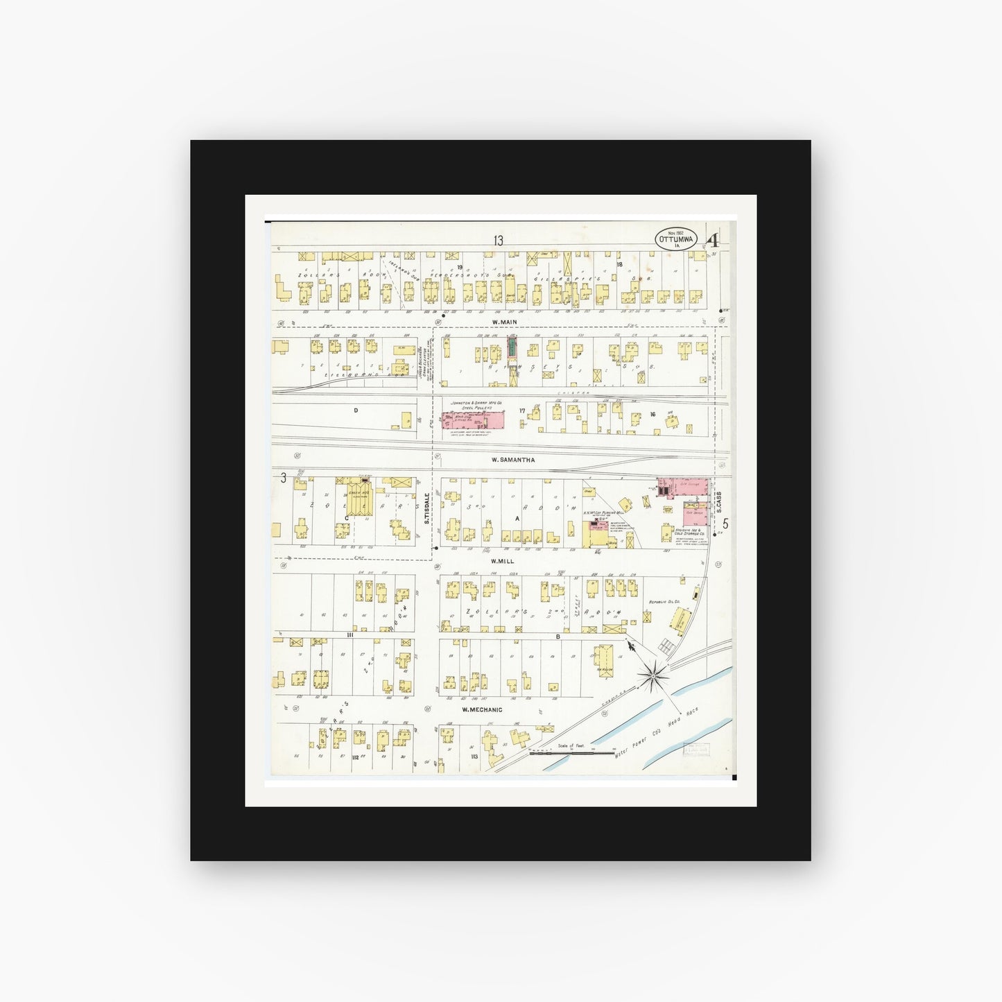 Old map wall art mockup β black gallery frame with white mat β Sanborn Fire Insurance Map from Ottumwa, Wapello County, Iowa (1902), Sheet #0004