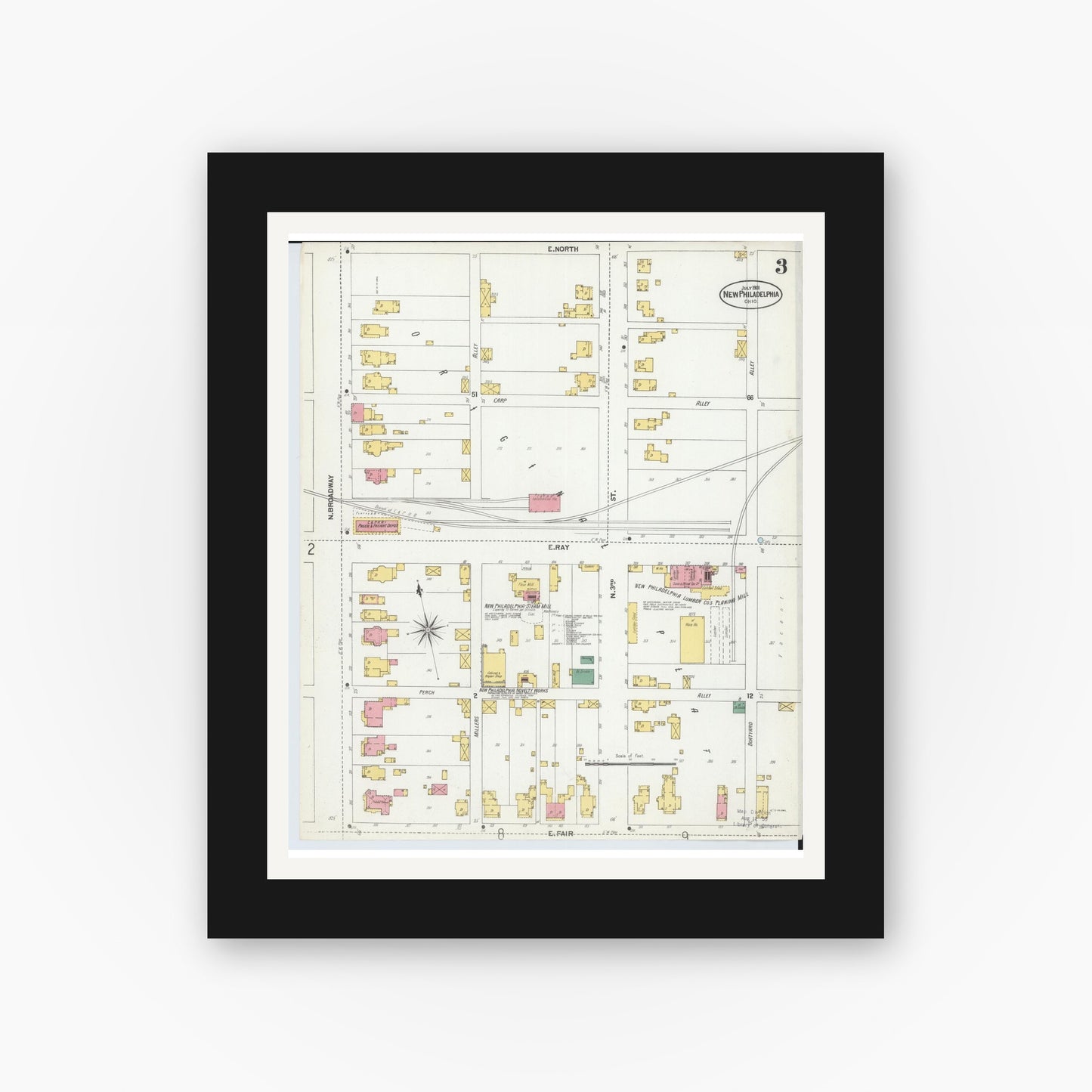 Old map wall art mockup — black gallery frame with white mat — Sanborn Fire Insurance Map from New Philadelphia, Tuscarawas County, Ohio (1901), Sheet #0003