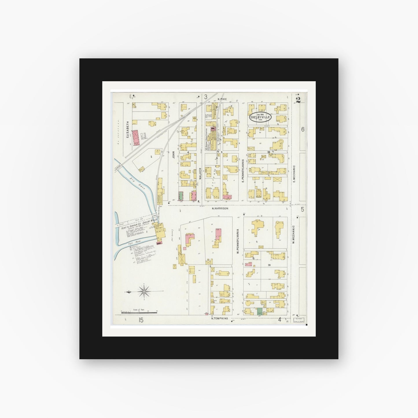 Old map wall art mockup — black gallery frame with white mat — Sanborn Fire Insurance Map from Shelbyville, Shelby County, Indiana (1898), Sheet #0002