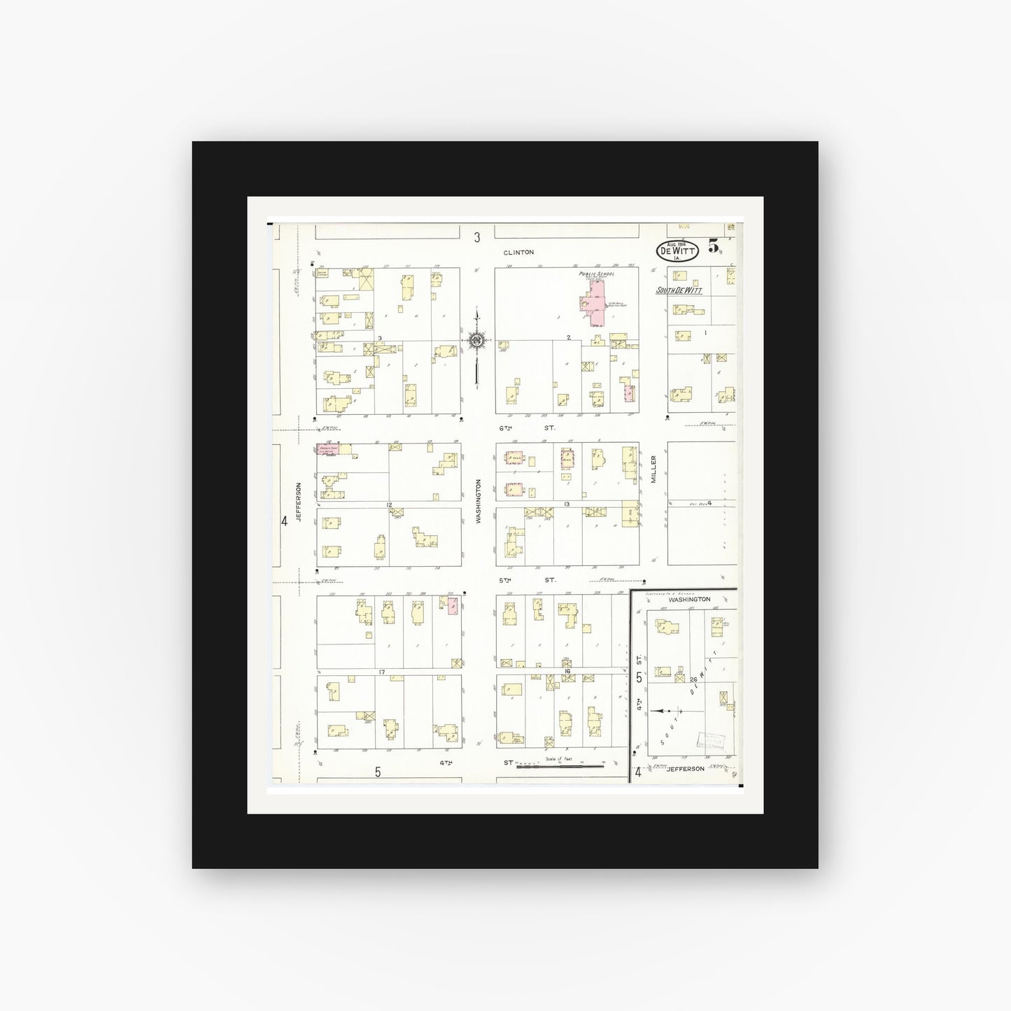 Old map wall art mockup — black gallery frame with white mat — Sanborn Fire Insurance Map from De Witt, Clinton County, Iowa (1914), Sheet #0005