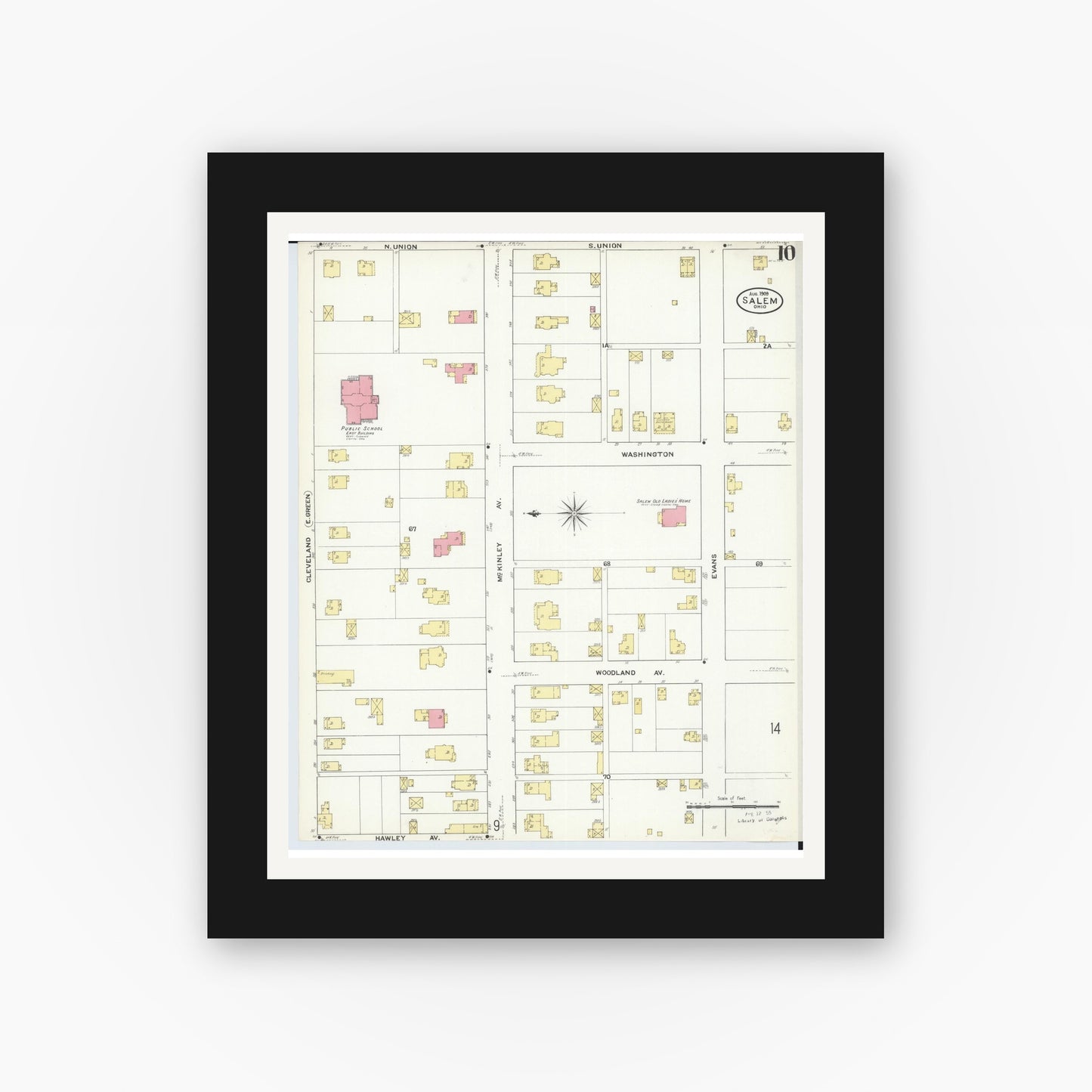 Old map wall art mockup — black gallery frame with white mat — Sanborn Fire Insurance Map from Salem, Columbiana County, Ohio (1909), Sheet #0010