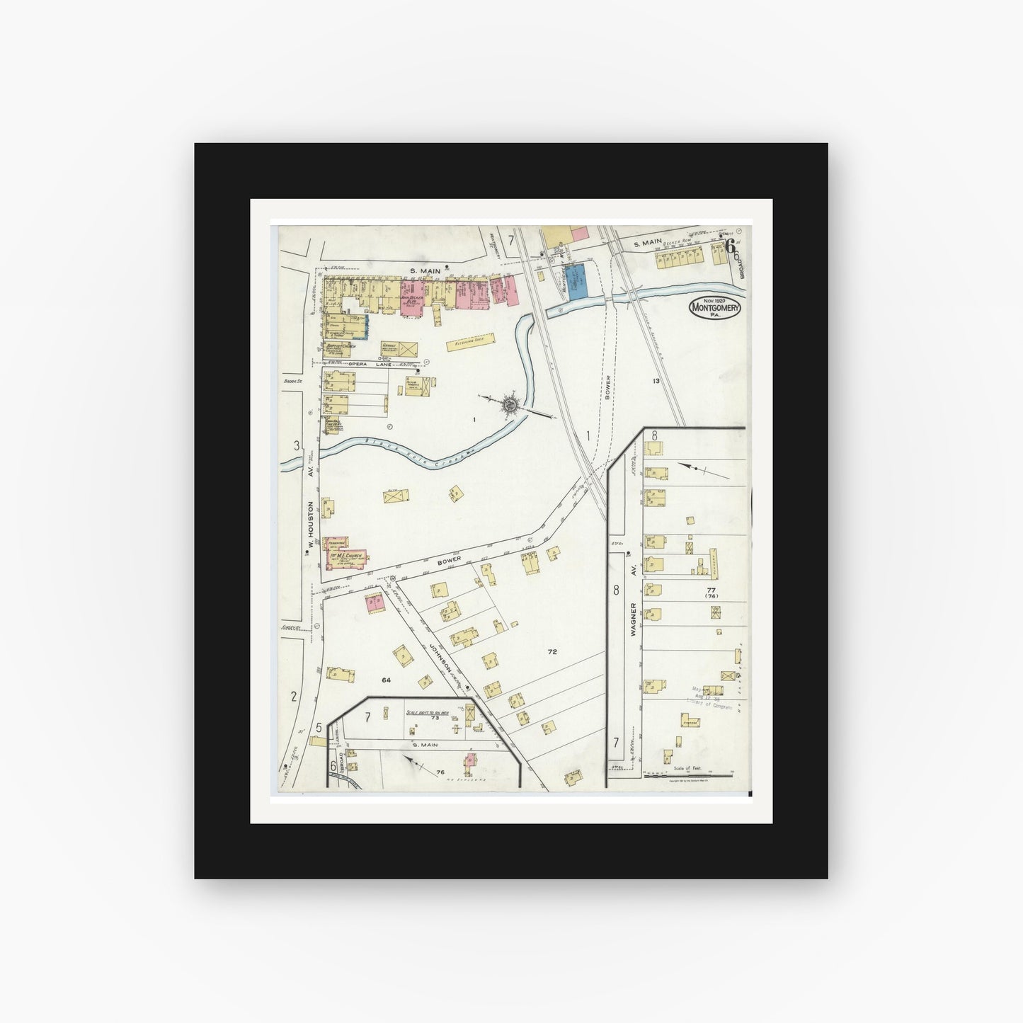 Old map wall art mockup — black gallery frame with white mat — Sanborn Fire Insurance Map from Montgomery, Lycoming County, Pennsylvania (1920), Sheet #0006