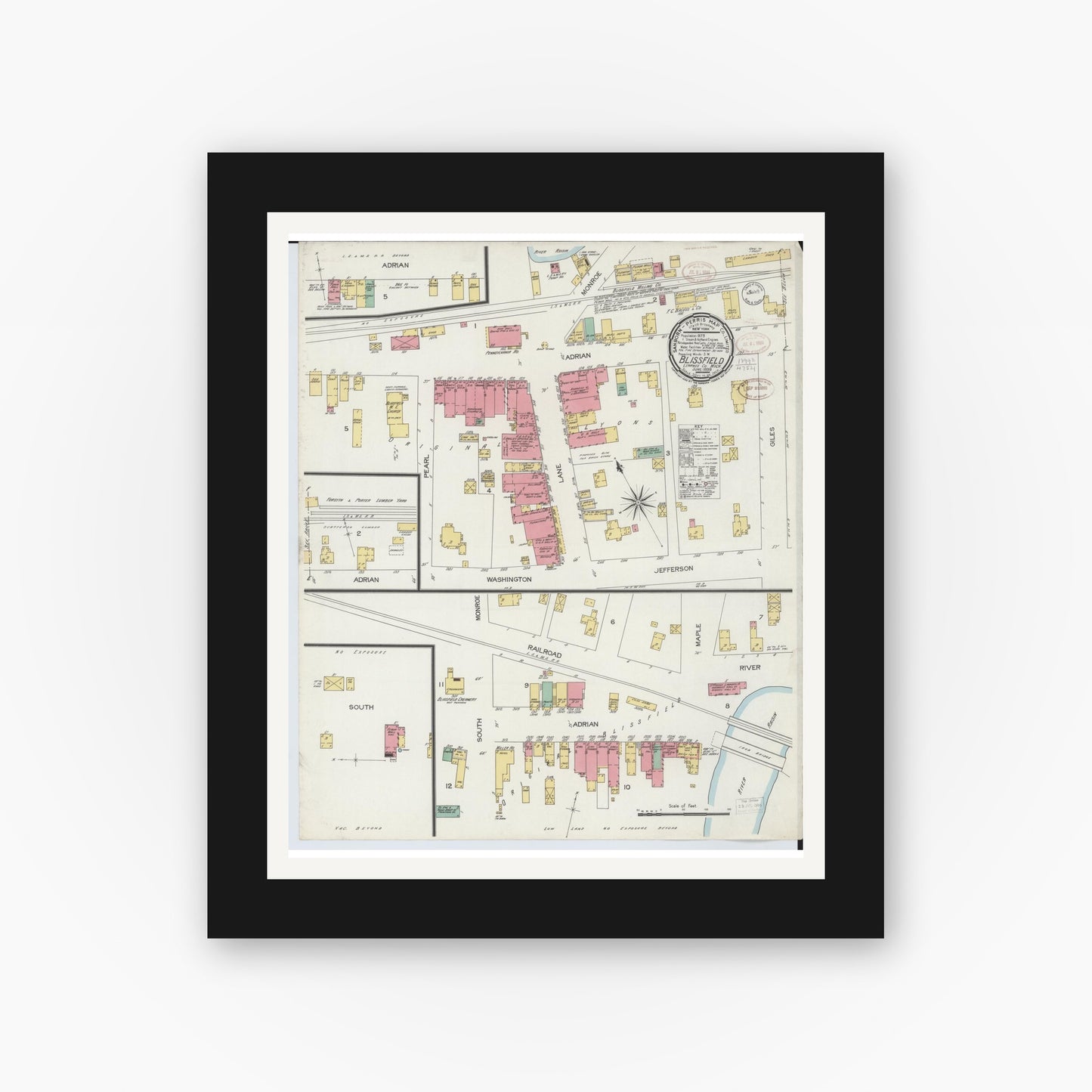 Old map wall art mockup — black gallery frame with white mat — Sanborn Fire Insurance Map from Blissfield, Lenawee County, Michigan (1899), Sheet #0001