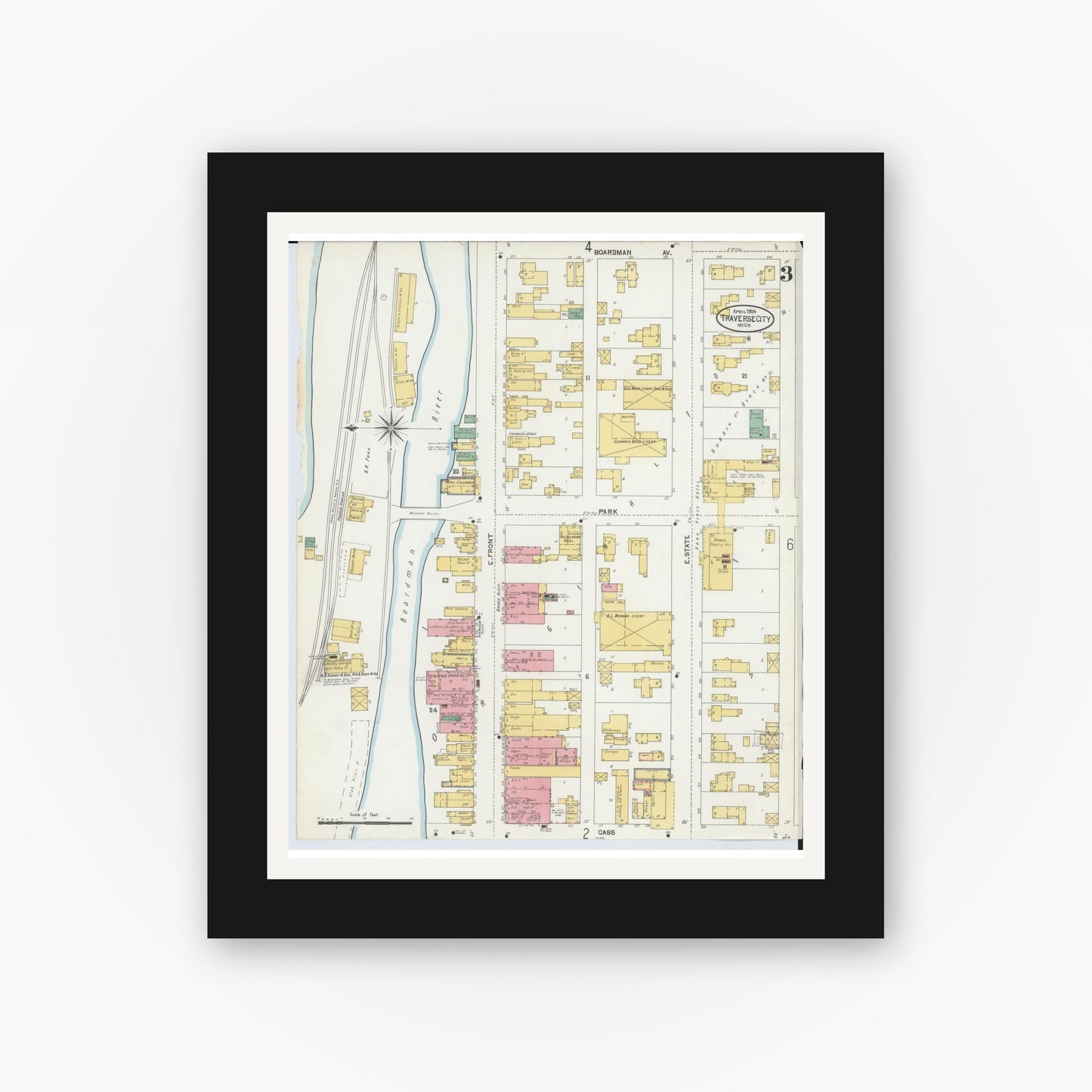 Old map wall art mockup — black gallery frame with white mat — Sanborn Fire Insurance Map from Traverse City, Grand Traverse County, Michigan (1904), Sheet #0003