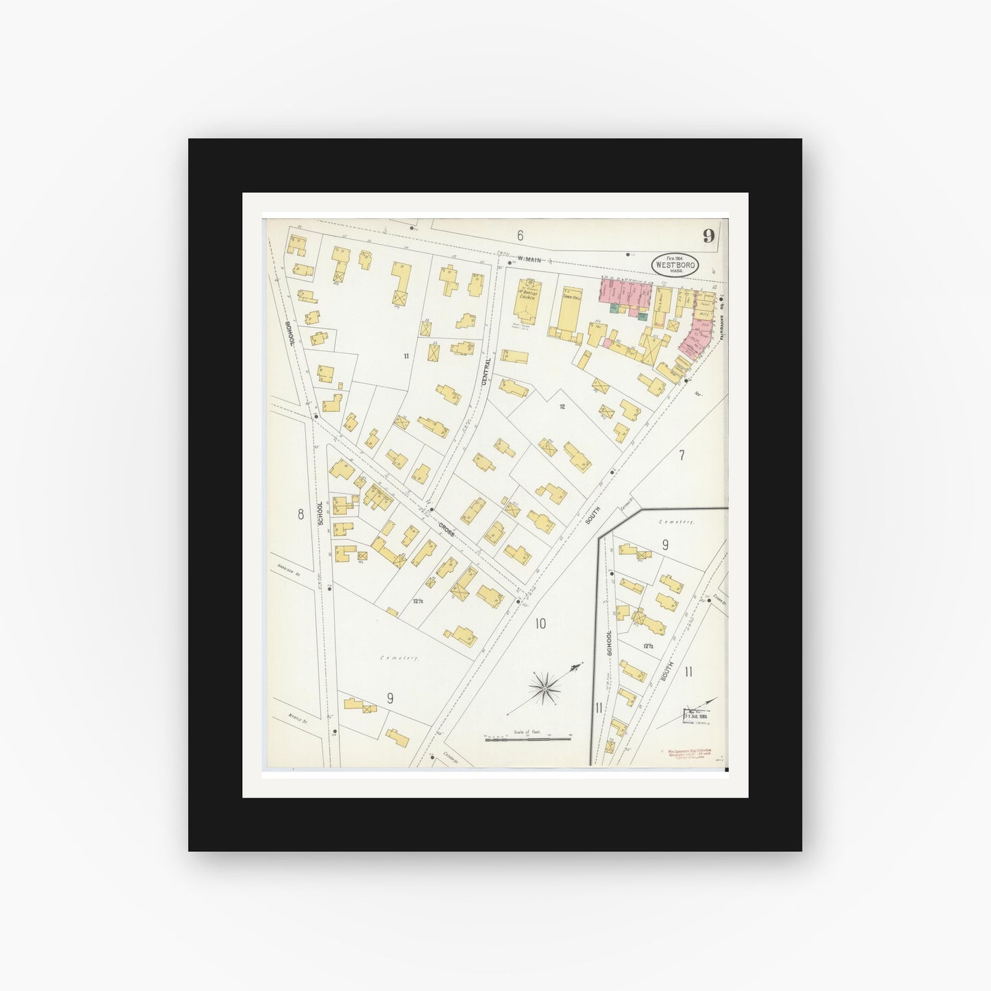 Old map wall art mockup — black gallery frame with white mat — Sanborn Fire Insurance Map from Westboro, Worcester County, Massachusetts (1904), Sheet #0009