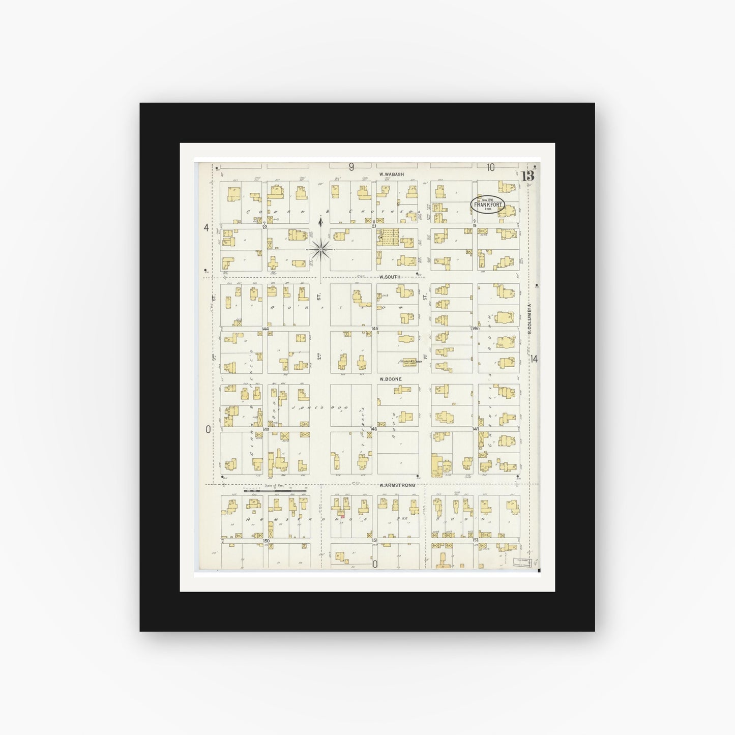 Old map wall art mockup — black gallery frame with white mat — Sanborn Fire Insurance Map from Frankfort, Clinton County, Indiana (1898), Sheet #0013