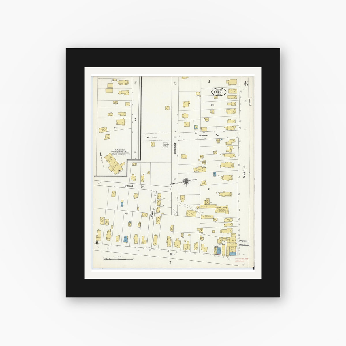 Old map wall art mockup — black gallery frame with white mat — Sanborn Fire Insurance Map from Sodus, Wayne County, New York (1911), Sheet #0006