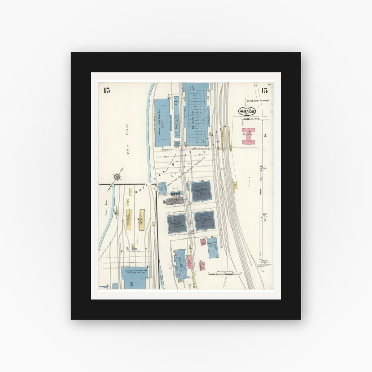 Old map wall art mockup — black gallery frame with white mat — Sanborn Fire Insurance Map from Ambridge, Beaver County, Pennsylvania (1923), Sheet #0015