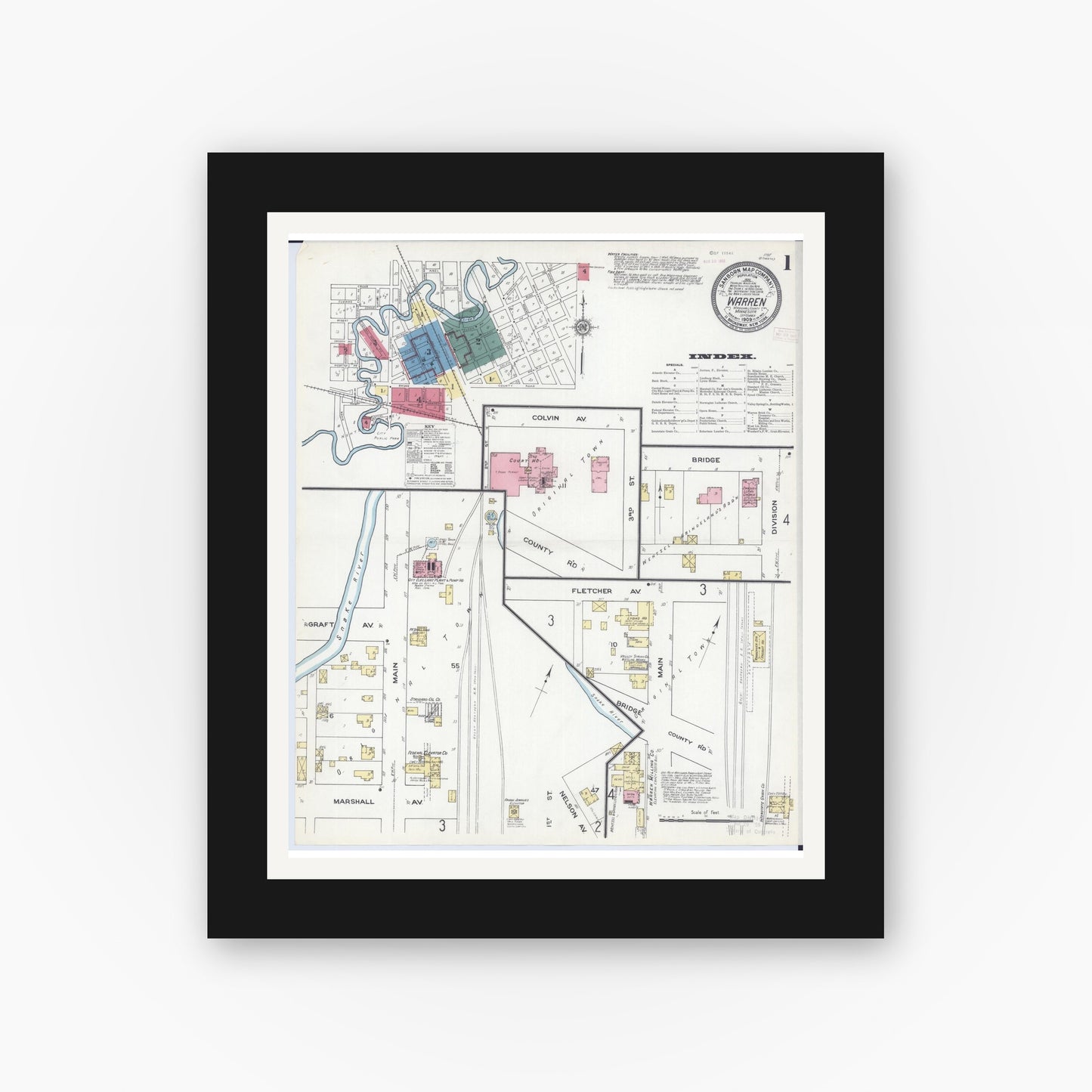 Old map wall art mockup — black gallery frame with white mat — Sanborn Fire Insurance Map from Warren, Marshall County, Minnesota (1909), Sheet #0001