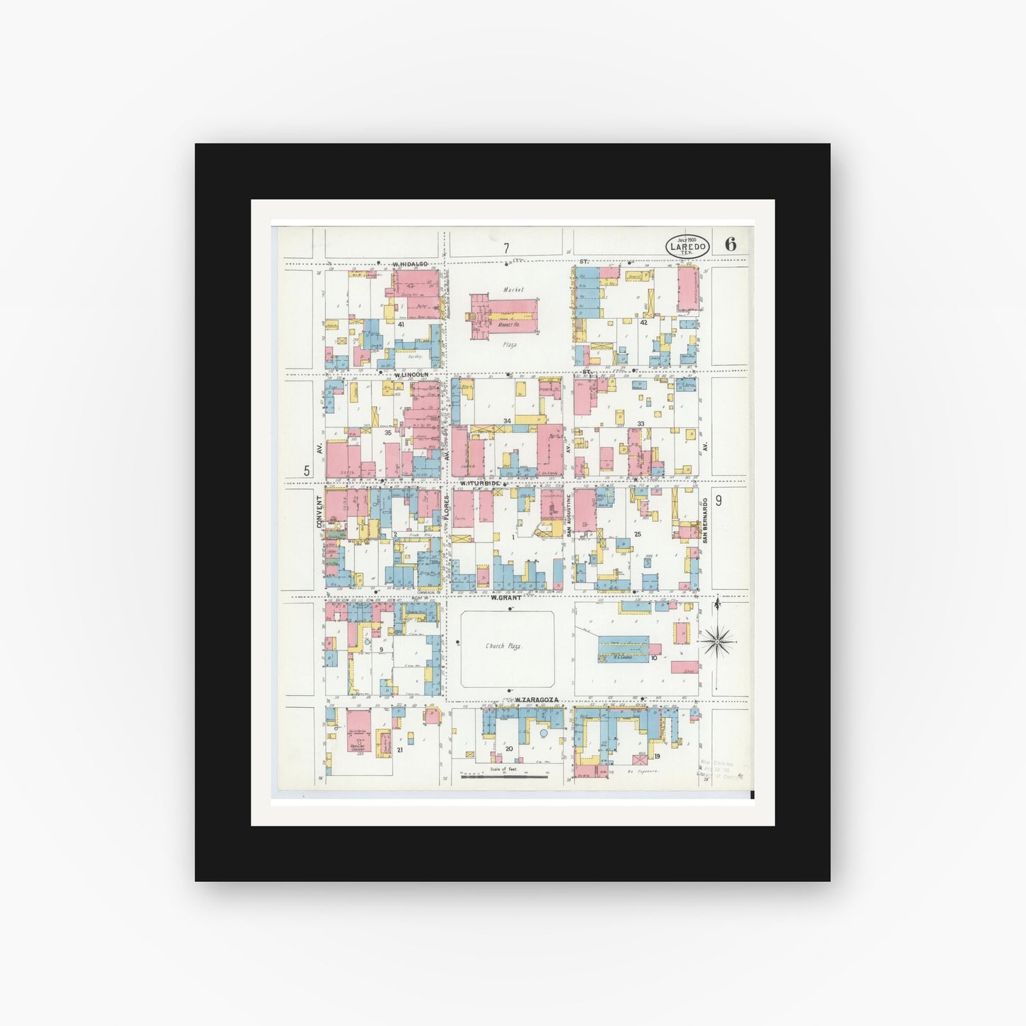 Old map wall art mockup — black gallery frame with white mat — Sanborn Fire Insurance Map from Laredo, Webb County, Texas (1900), Sheet #0006