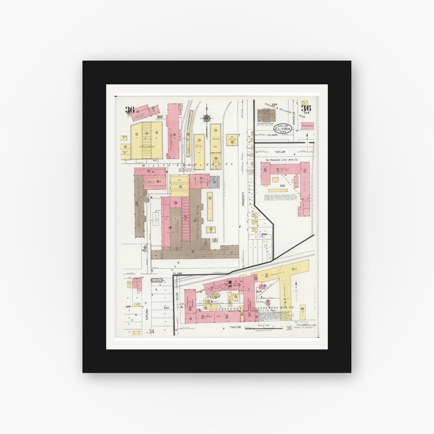 Old map wall art mockup — black gallery frame with white mat — Sanborn Fire Insurance Map from Elyria, Lorain County, Ohio (1925), Sheet #0036