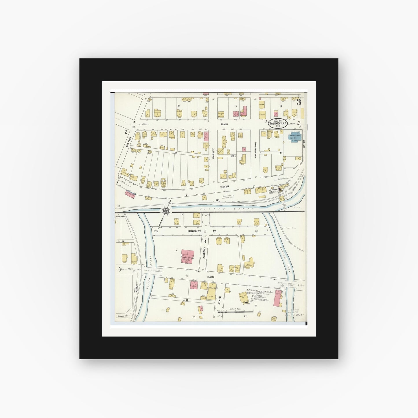 Old map wall art mockup — black gallery frame with white mat — Sanborn Fire Insurance Map from Salineville, Columbiana County, Ohio (1911), Sheet #0003