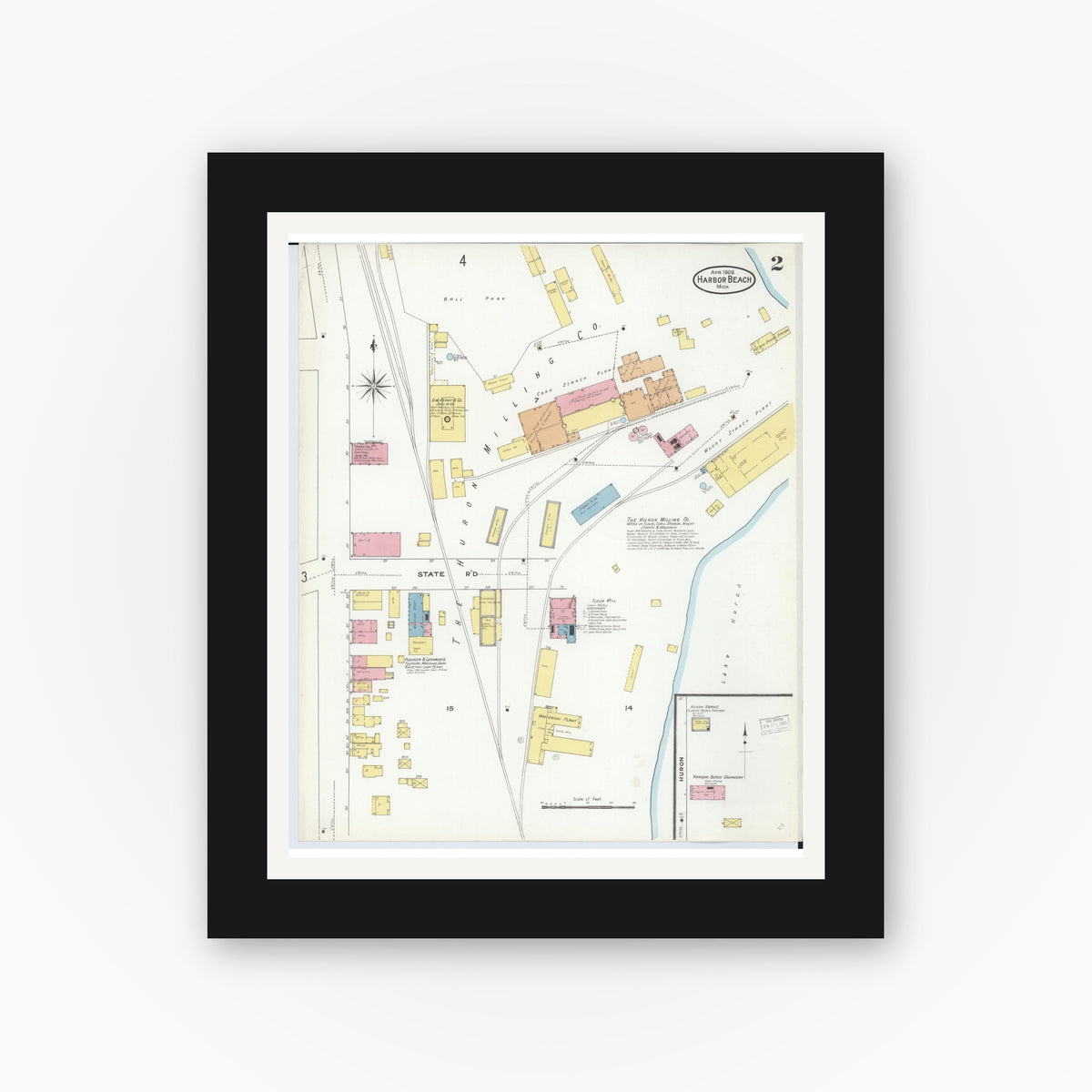Old map wall art mockup — black gallery frame with white mat — Sanborn Fire Insurance Map from Harbor Beach, Huron County, Michigan (1909), Sheet #0002