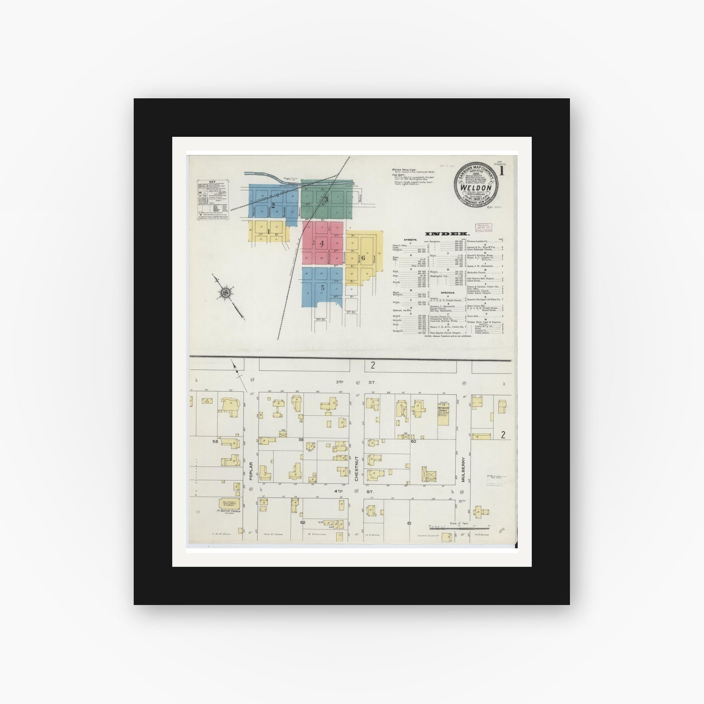 Old map wall art mockup — black gallery frame with white mat — Sanborn Fire Insurance Map from Weldon, Halifax County, North Carolina (1909) - Complete Map Set