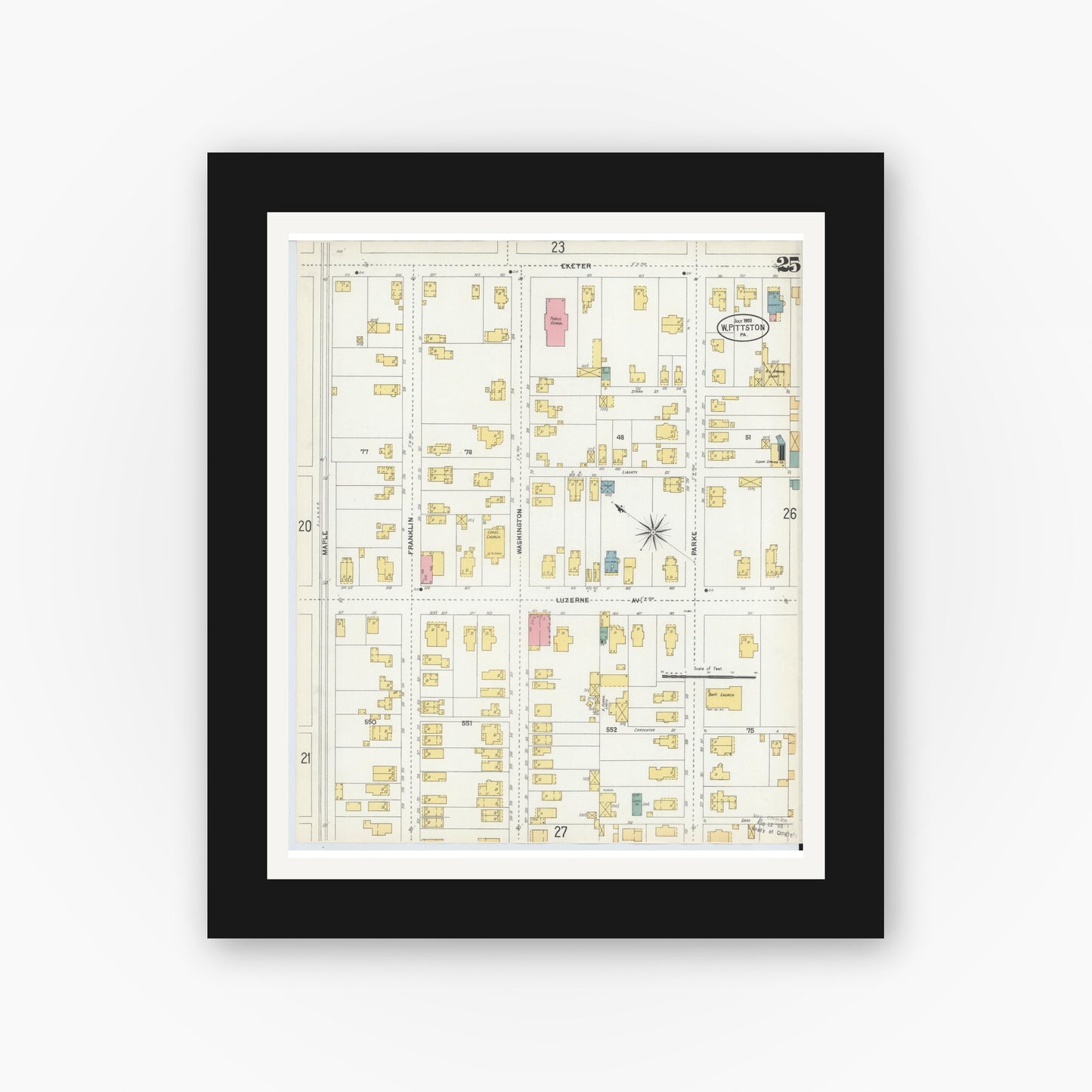 Old map wall art mockup — black gallery frame with white mat — Sanborn Fire Insurance Map from Pittston, Luzerne County, Pennsylvania (1903), Sheet #0025
