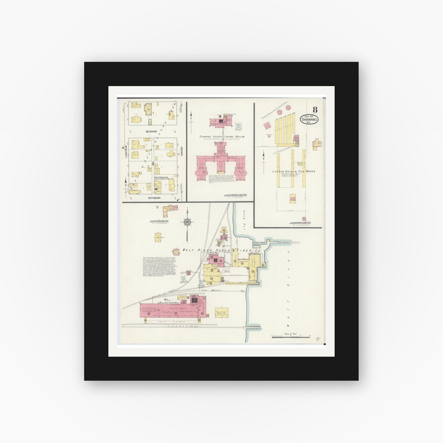 Old map wall art mockup — black gallery frame with white mat — Sanborn Fire Insurance Map from Shawano, Shawano County, Wisconsin (1913), Sheet #0008