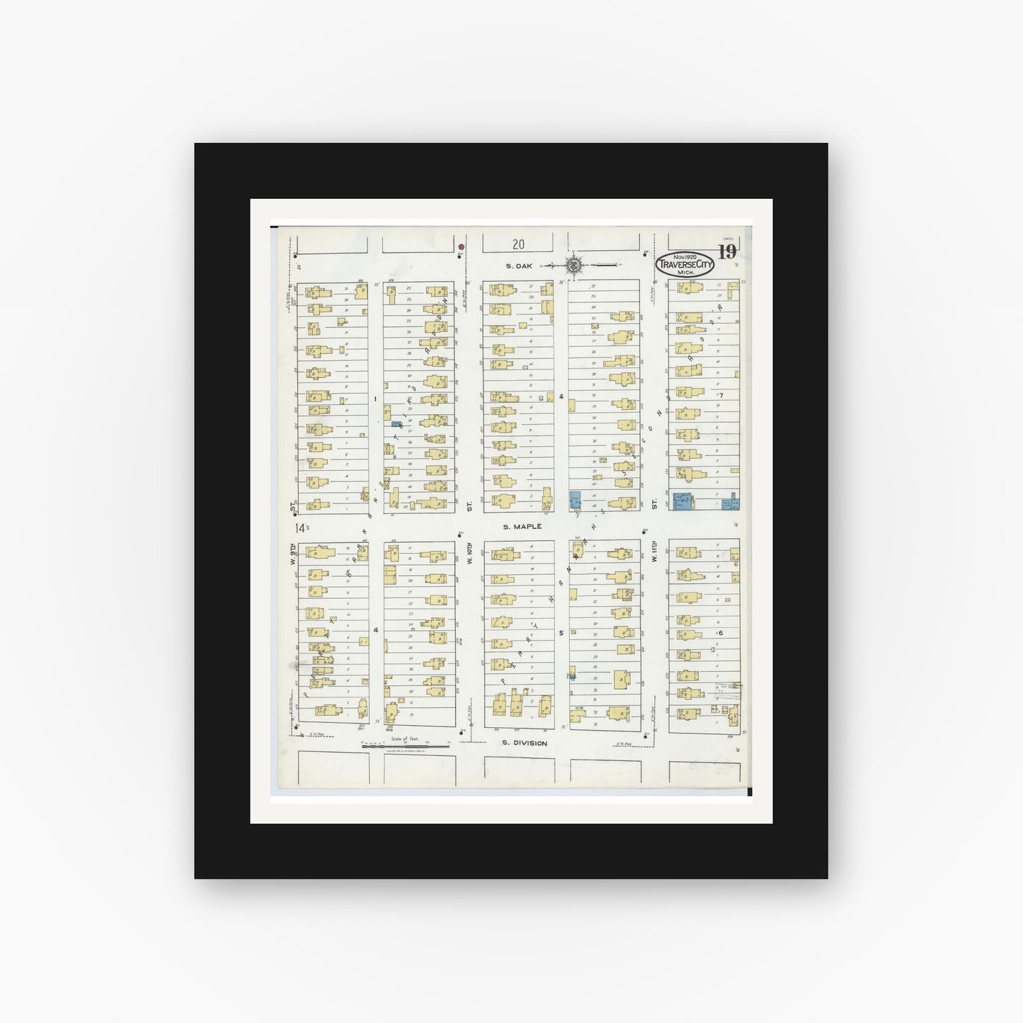 Old map wall art mockup — black gallery frame with white mat — Sanborn Fire Insurance Map from Traverse City, Grand Traverse County, Michigan (1920), Sheet #0019