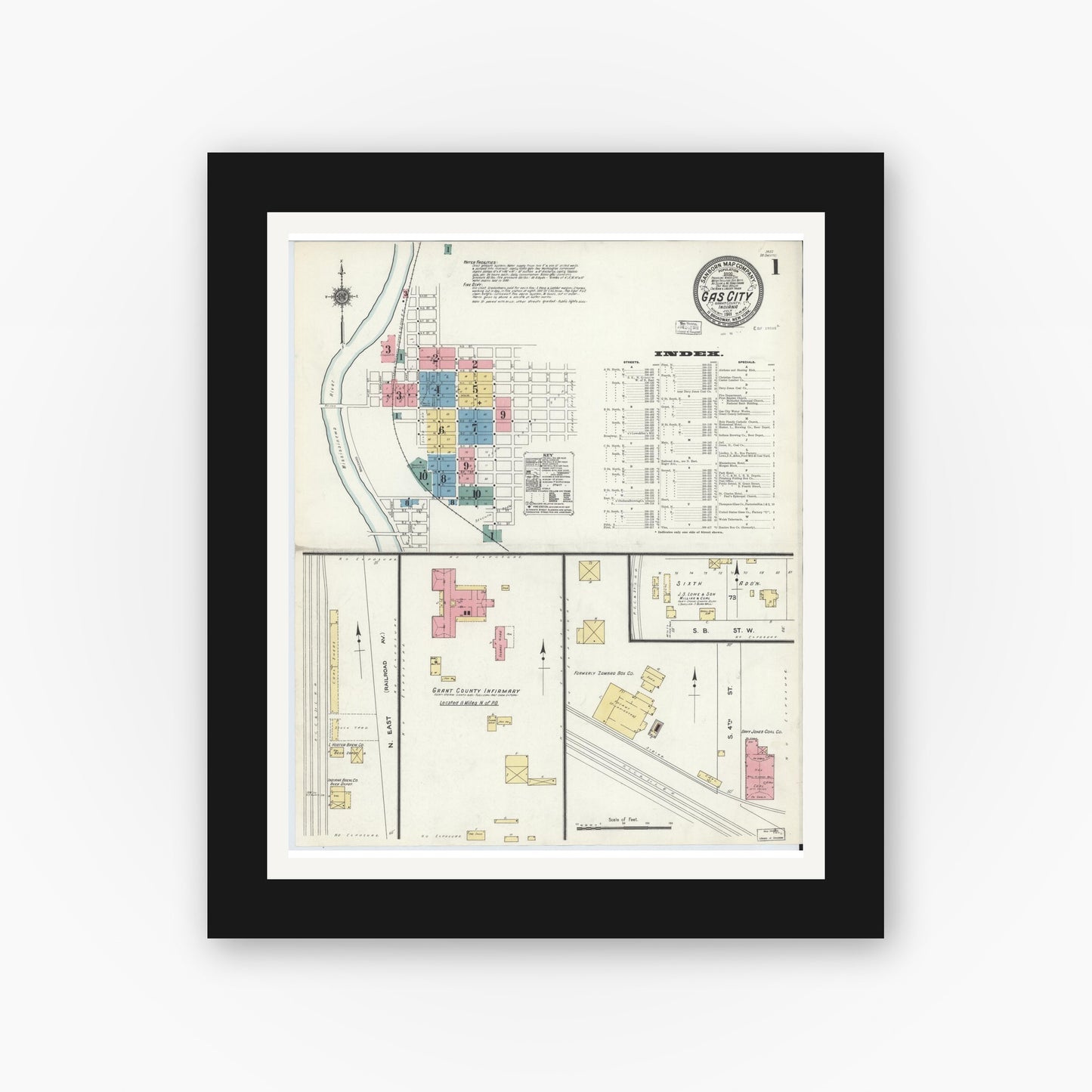 Old map wall art mockup — black gallery frame with white mat — Sanborn Fire Insurance Map from Gas City, Grant County, Indiana (1911) - Complete Map Set