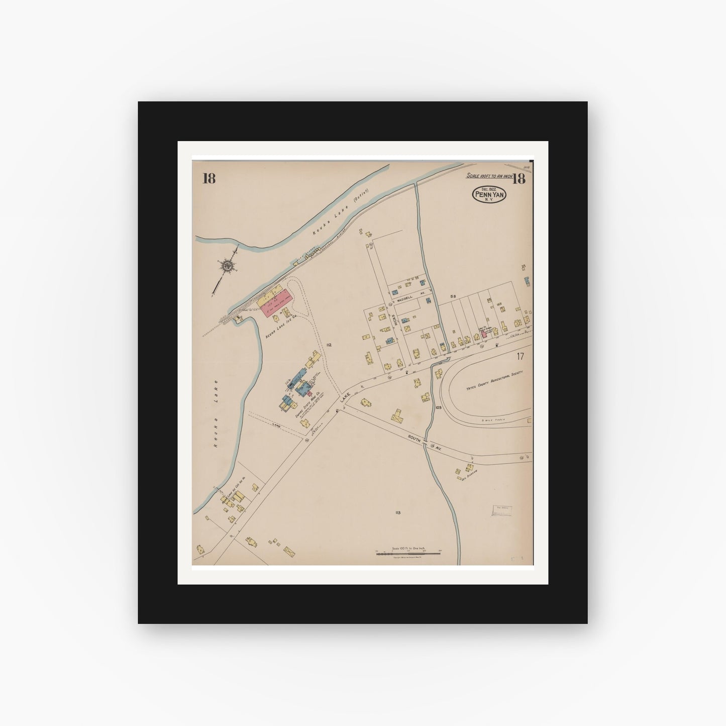 Old map wall art mockup — black gallery frame with white mat — Sanborn Fire Insurance Map from Penn Yan, Yates County, New York (1922), Sheet #0018