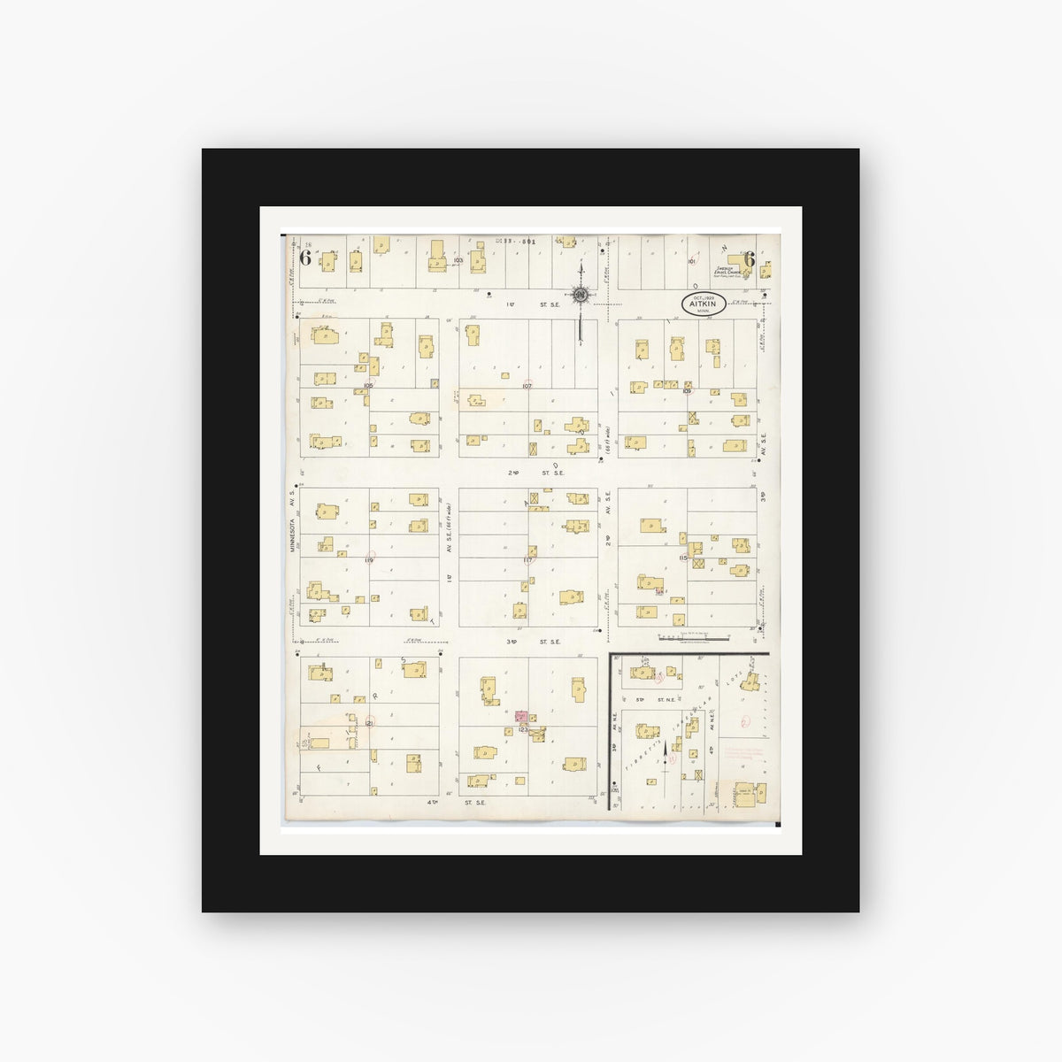 Old map wall art mockup — black gallery frame with white mat — Sanborn Fire Insurance Map from Aitkin, Aitkin County, Minnesota (1936), Sheet #0006