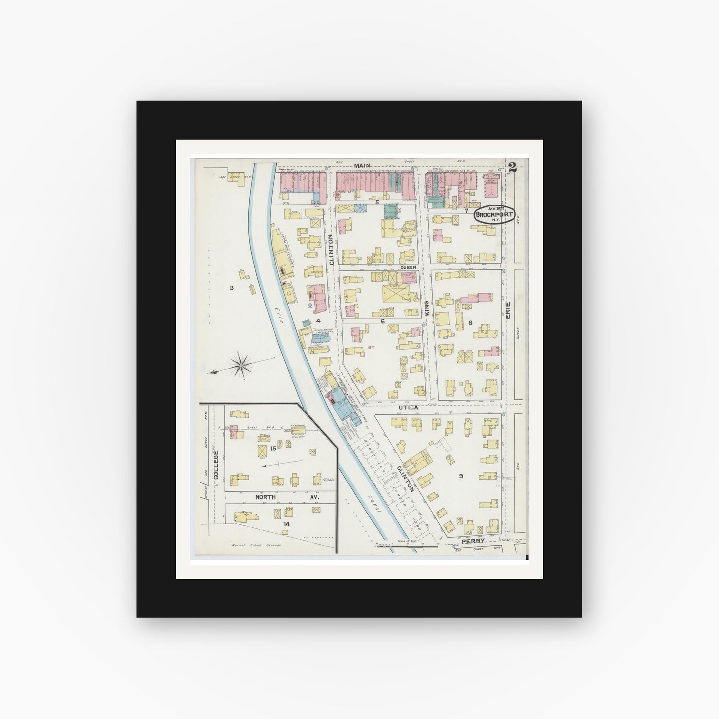 Old map wall art mockup — black gallery frame with white mat — Sanborn Fire Insurance Map from Brockport, Monroe County, New York (1892) - Complete Map Set