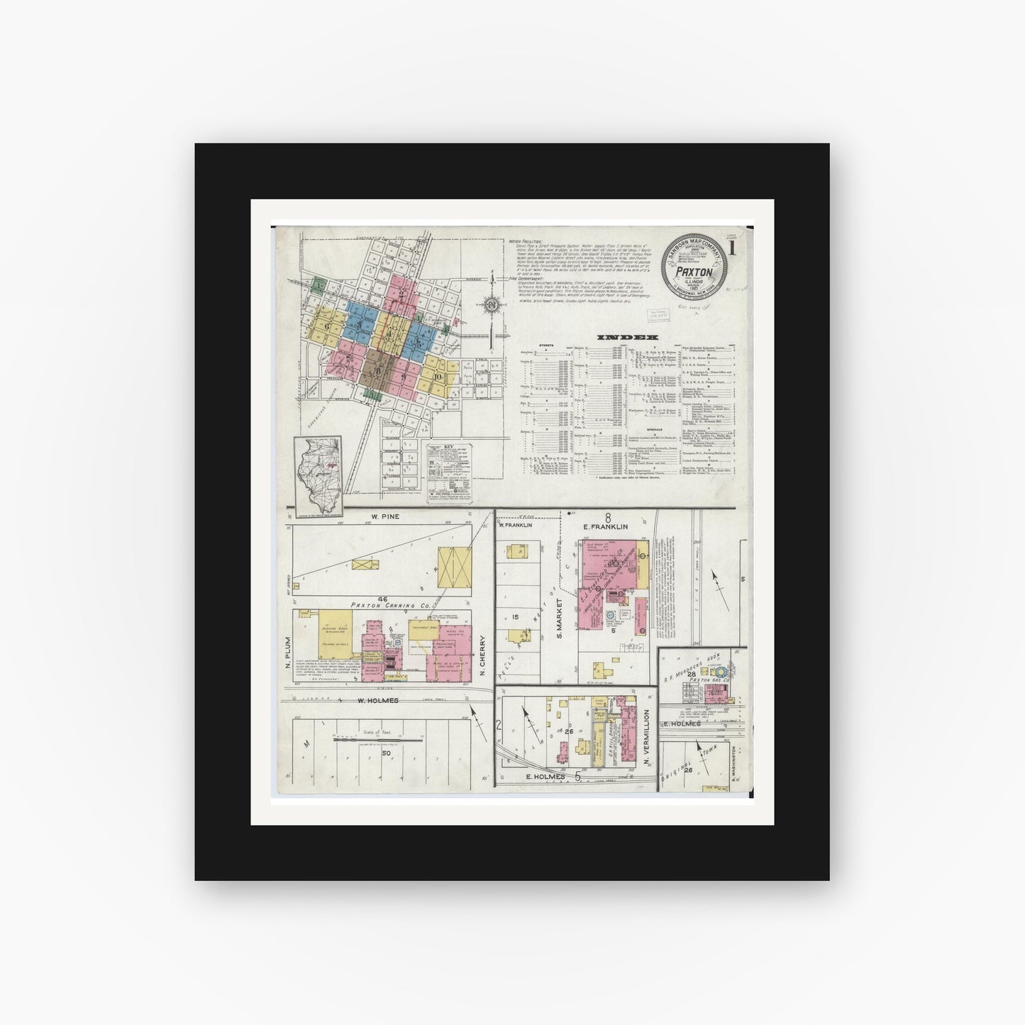 Old map wall art mockup — black gallery frame with white mat — Sanborn Fire Insurance Map from Paxton, Ford County, Illinois (1921) - Complete Map Set