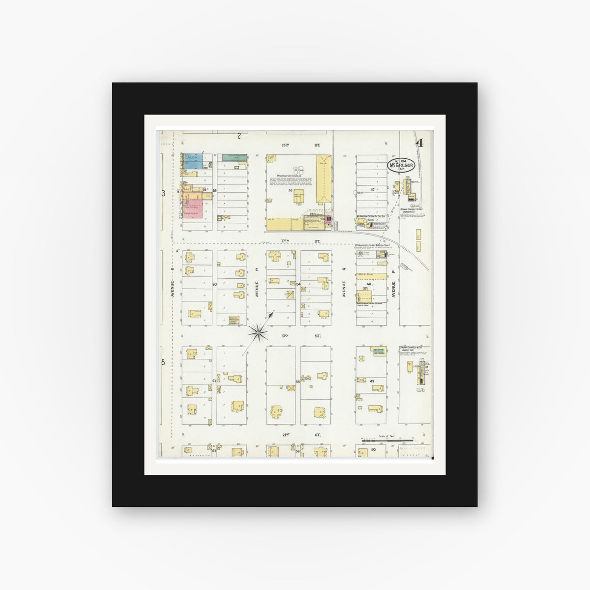 Old map wall art mockup — black gallery frame with white mat — Sanborn Fire Insurance Map from McGregor, McLennan County, Texas (1904), Sheet #0004