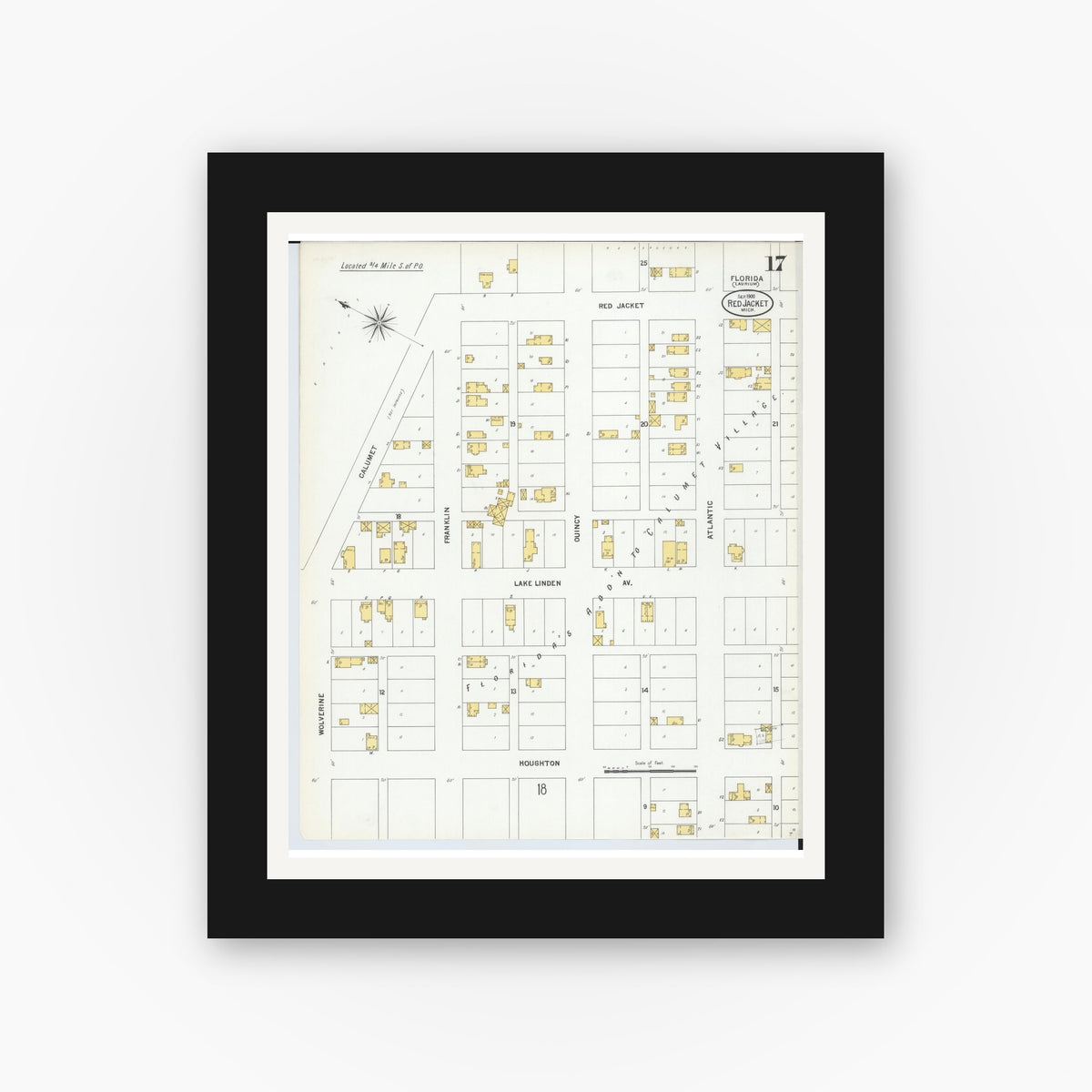 Old map wall art mockup — black gallery frame with white mat — Sanborn Fire Insurance Map from Red Jacket, Houghton County, Michigan (1900), Sheet #0017