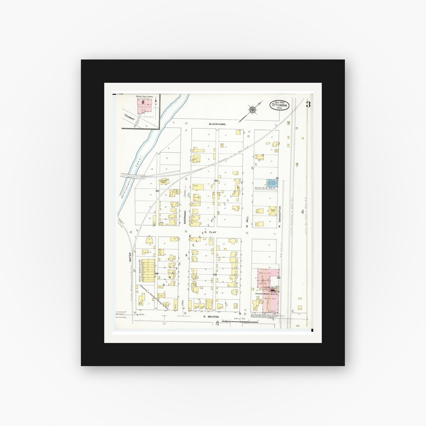 Old map wall art mockup — black gallery frame with white mat — Sanborn Fire Insurance Map from Ottumwa, Wapello County, Iowa (1909), Sheet #0003
