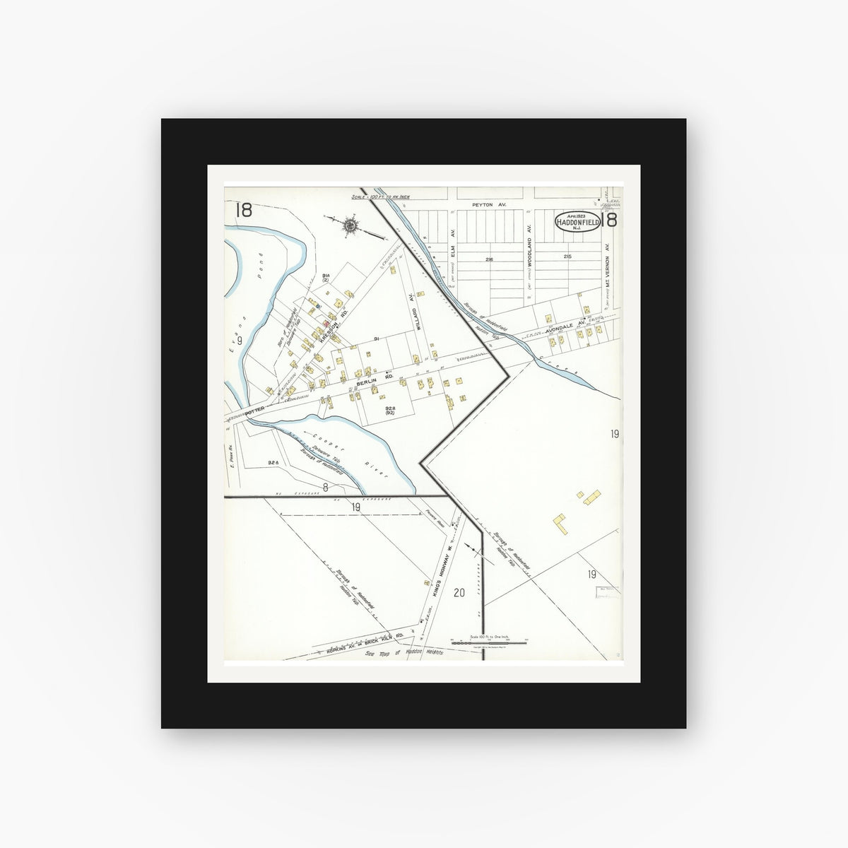 Old map wall art mockup — black gallery frame with white mat — Sanborn Fire Insurance Map from Haddonfield, Camden County, New Jersey (1923), Sheet #0018