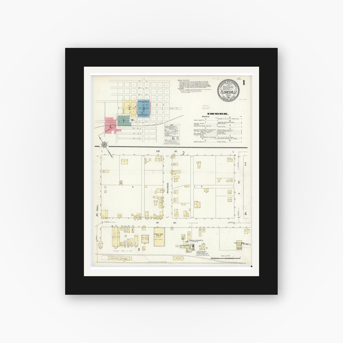 Old map wall art mockup — black gallery frame with white mat — Sanborn Fire Insurance Map from Floresville, Wilson County, Texas (1912) - Complete Map Set