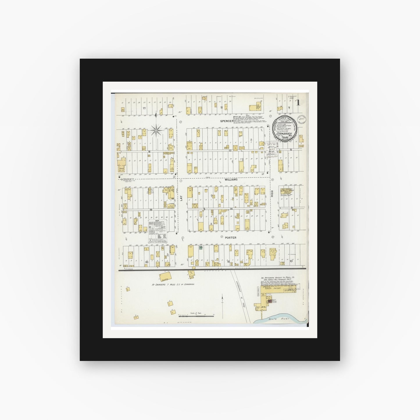Old map wall art mockup — black gallery frame with white mat — Sanborn Fire Insurance Map from Stambaugh, Iron County, Michigan (1900) - Complete Map Set