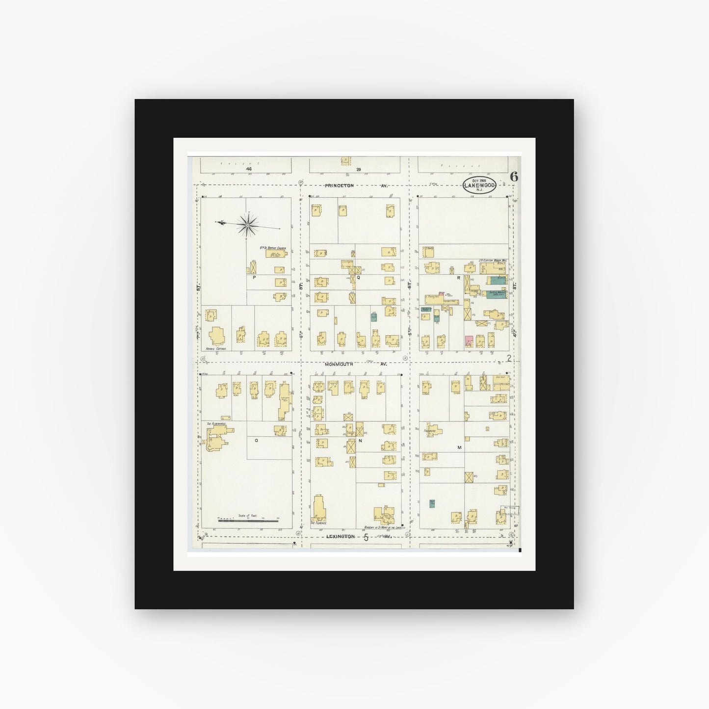 Old map wall art mockup — black gallery frame with white mat — Sanborn Fire Insurance Map from Lakewood, Ocean County, New Jersey (1905), Sheet #0006