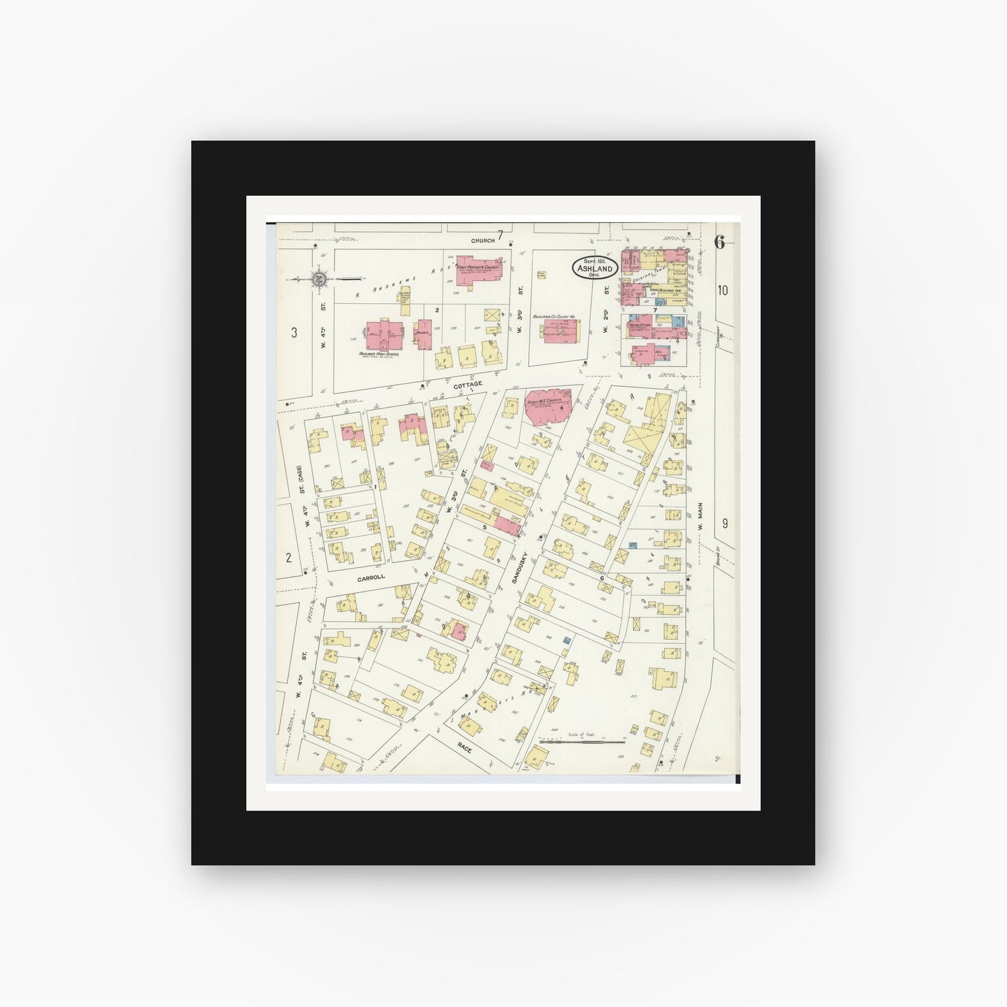 Old map wall art mockup — black gallery frame with white mat — Sanborn Fire Insurance Map from Ashland, Ashland County, Ohio (1911), Sheet #0006