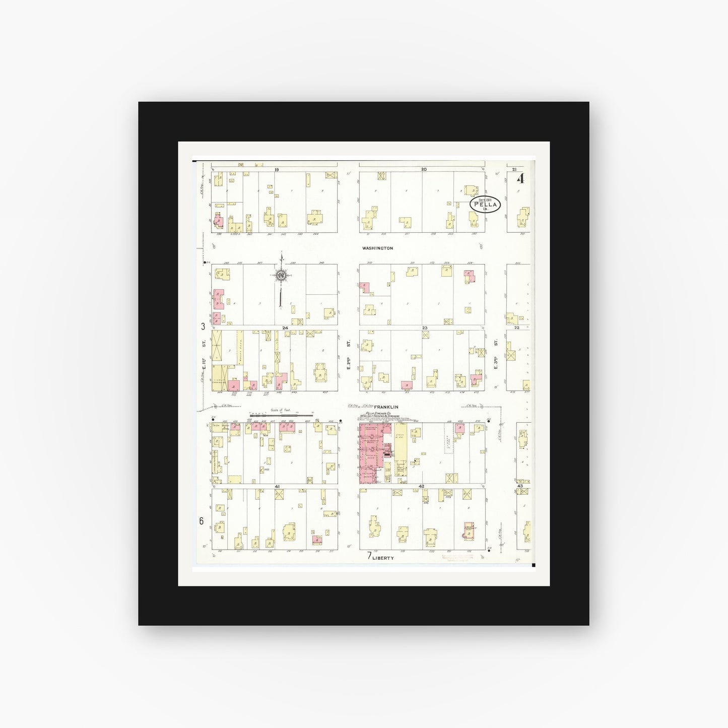 Old map wall art mockup — black gallery frame with white mat — Sanborn Fire Insurance Map from Pella, Marion County, Iowa (1911), Sheet #0004