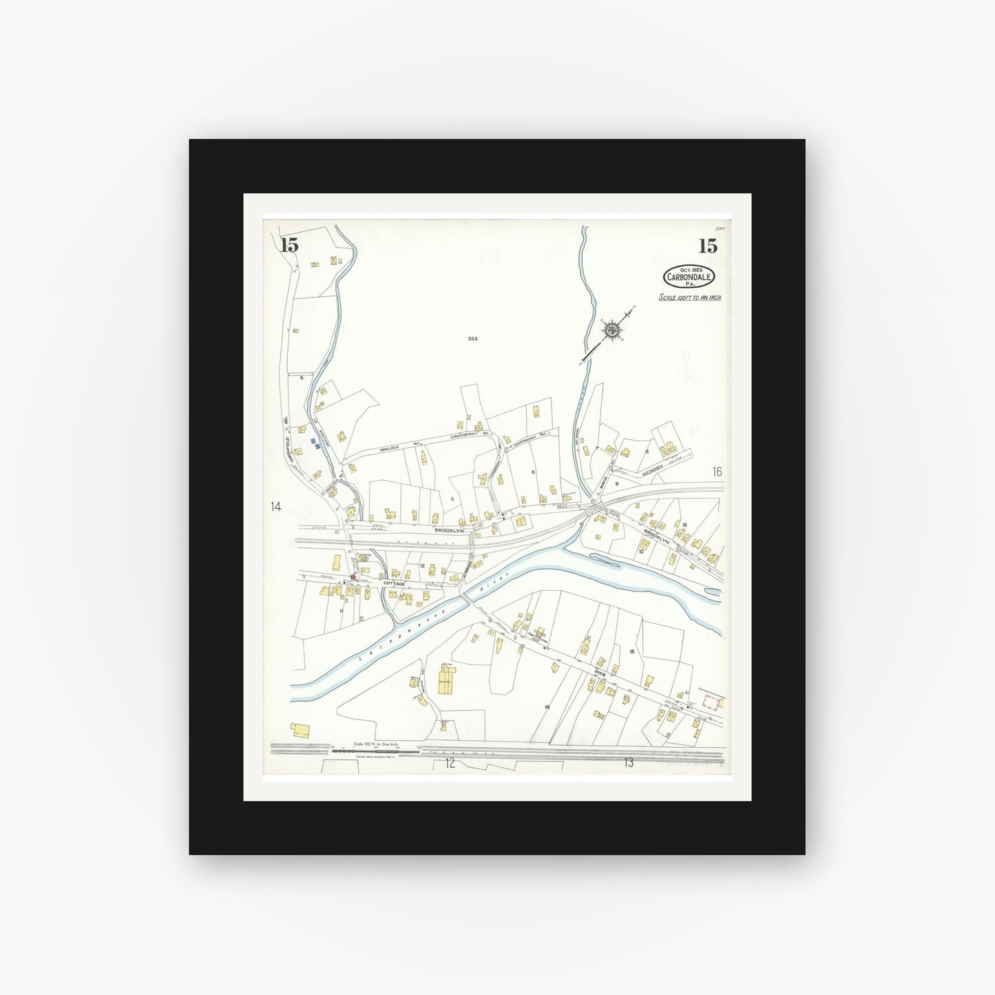 Old map wall art mockup — black gallery frame with white mat — Sanborn Fire Insurance Map from Carbondale, Lackawanna County, Pennsylvania (1923), Sheet #0015
