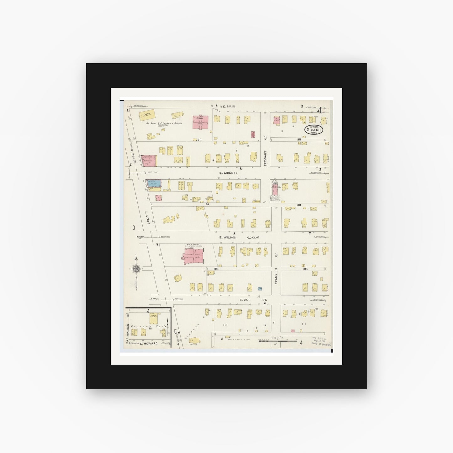 Old map wall art mockup — black gallery frame with white mat — Sanborn Fire Insurance Map from Girard, Trumbull County, Ohio (1915), Sheet #0004