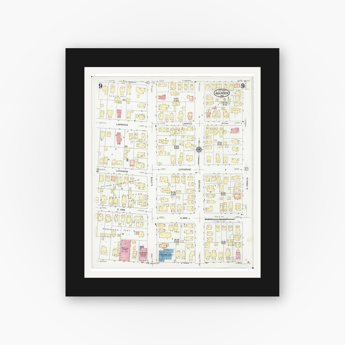 Old map wall art mockup — black gallery frame with white mat — Sanborn Fire Insurance Map from Ann Arbor, Washtenaw County, Michigan (1925), Sheet #0009